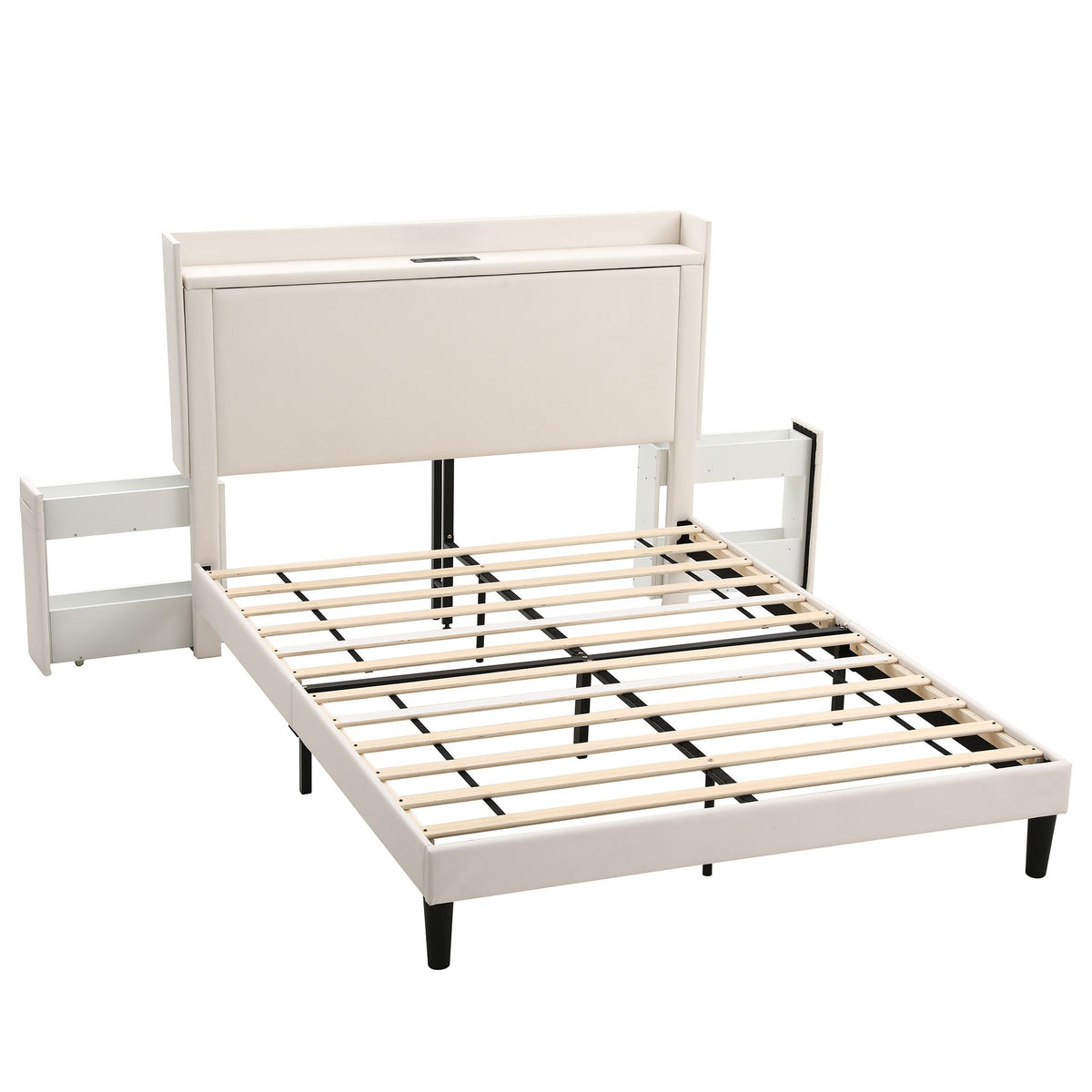 Artiss Queen Bed Frame with USB Charging and Side Storage Shelves Beige