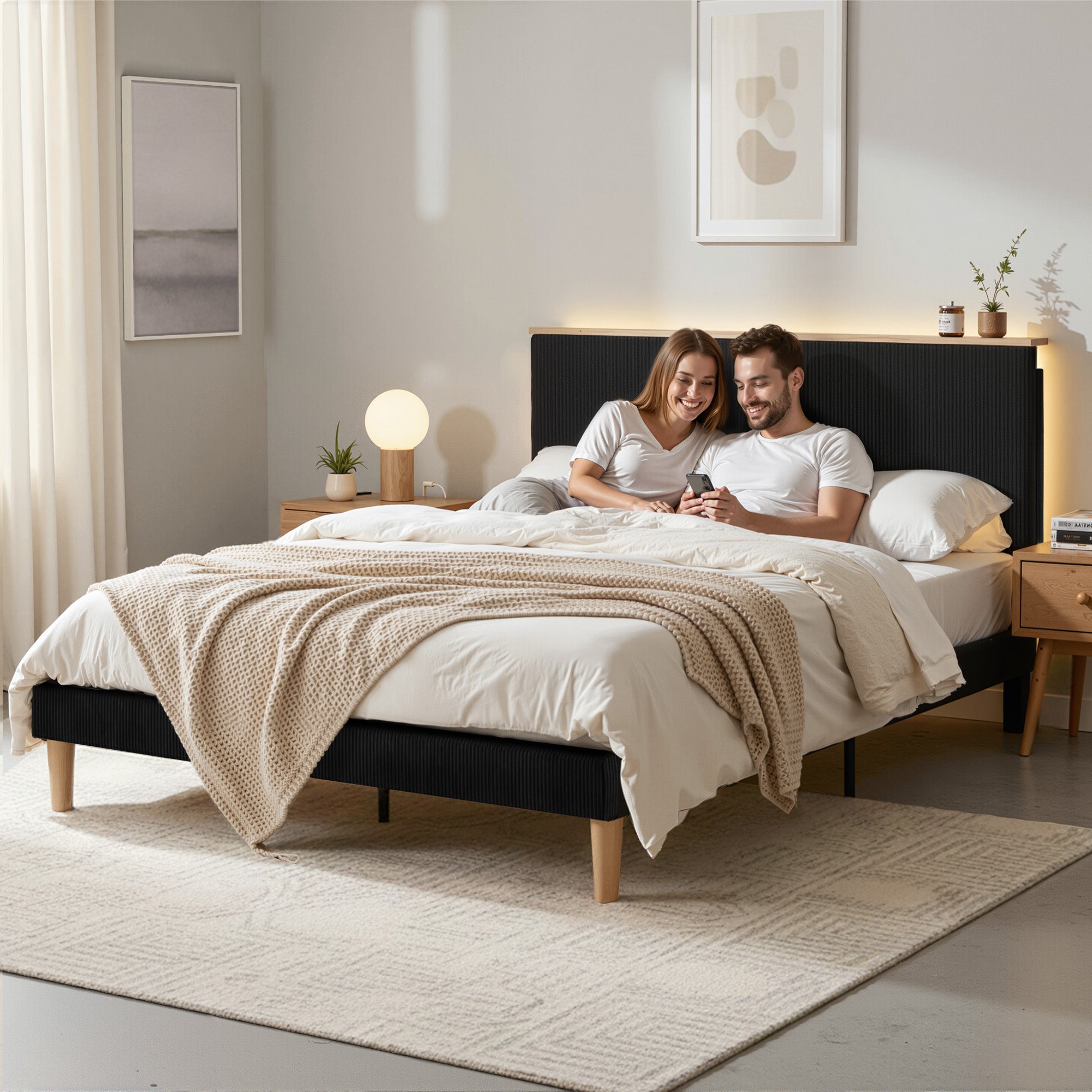 Artiss Queen Bed Frame Upholstered Adjustable Headboard Mood Lighting Heavy Duty Black Velvet