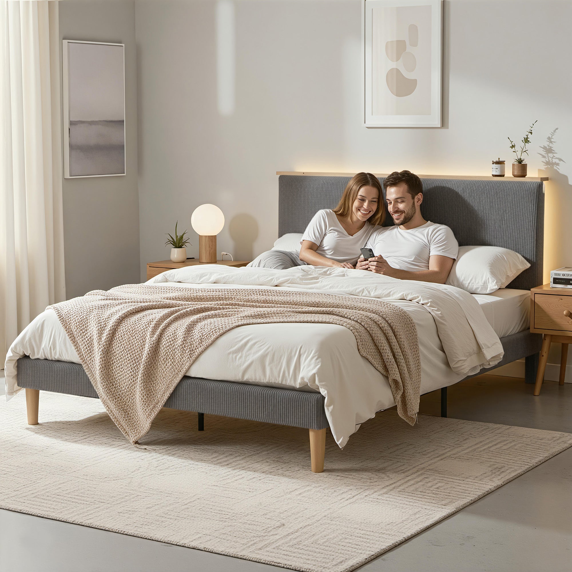 Artiss Queen Bed Frame Upholstered Adjustable Headboard Mood Lighting Heavy Duty Grey Velvet