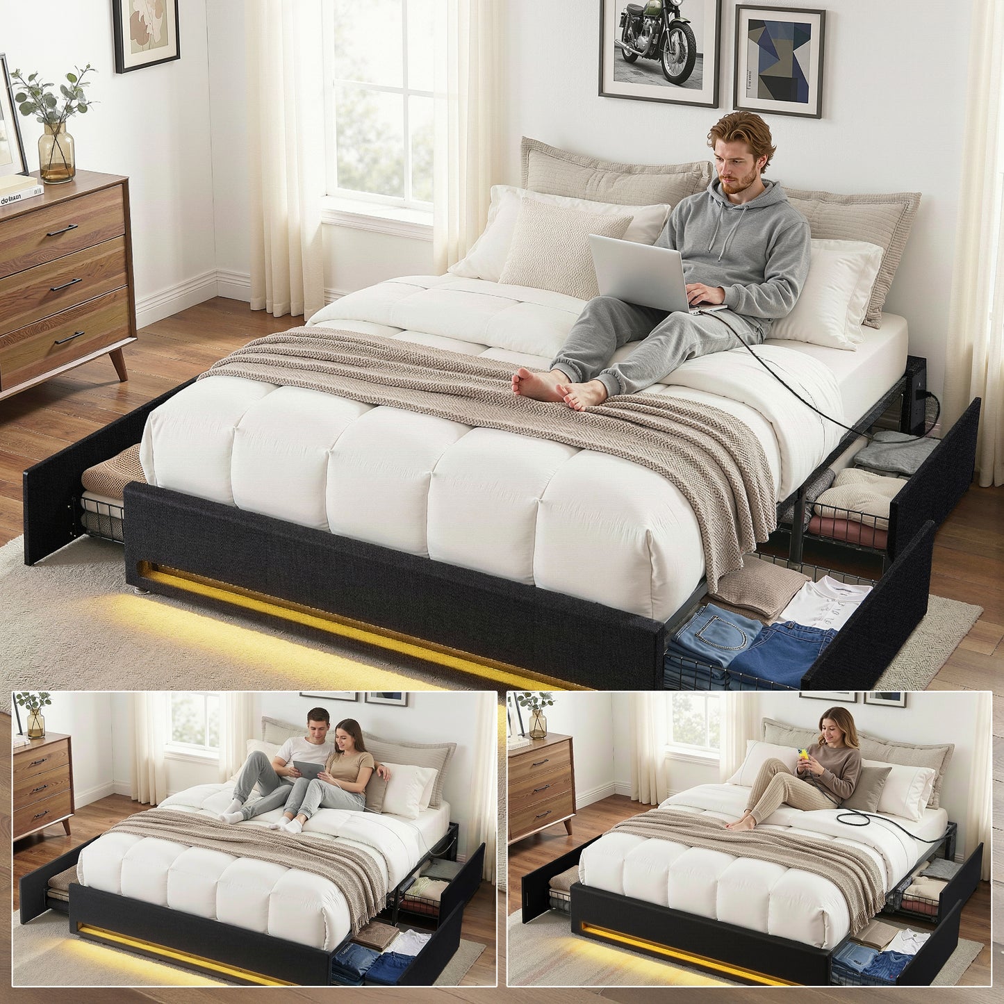 Artiss Queen Bed Frame with Storage Drawers RGB Lights Charging Station Upholstered Fabric