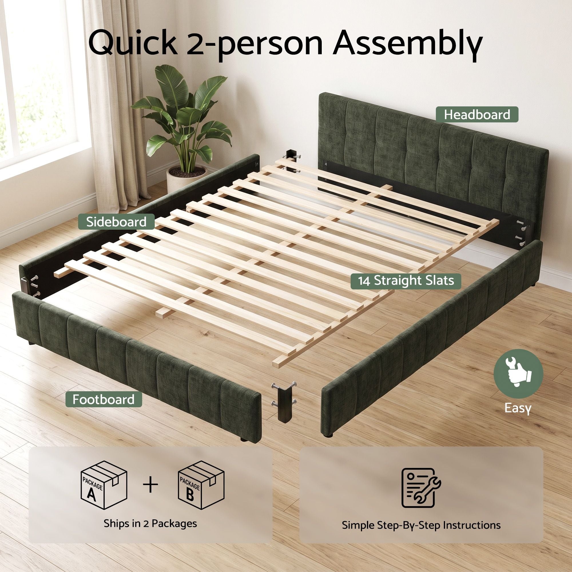 Artiss Queen Bed Frame Chenille Heavy Duty Platform Base Green 300kg Support No Box Spring Needed