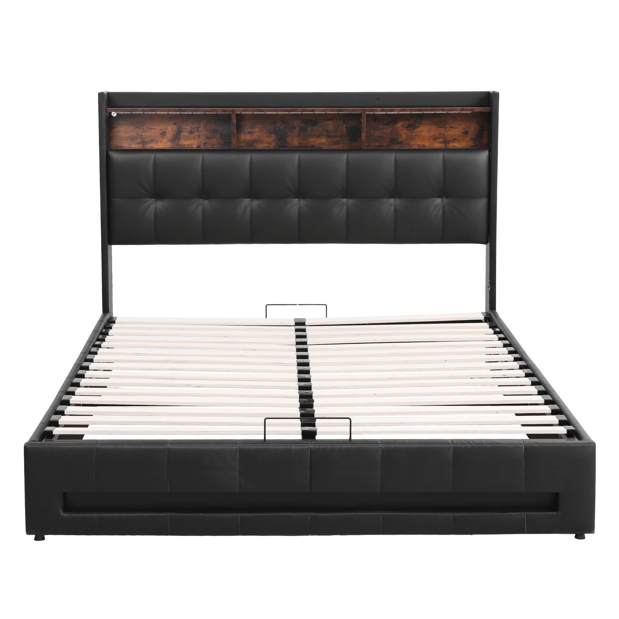 Artiss Queen Bed Frame with Gas Lift Storage LED Lights Charging Station Headboard with Open Shelf