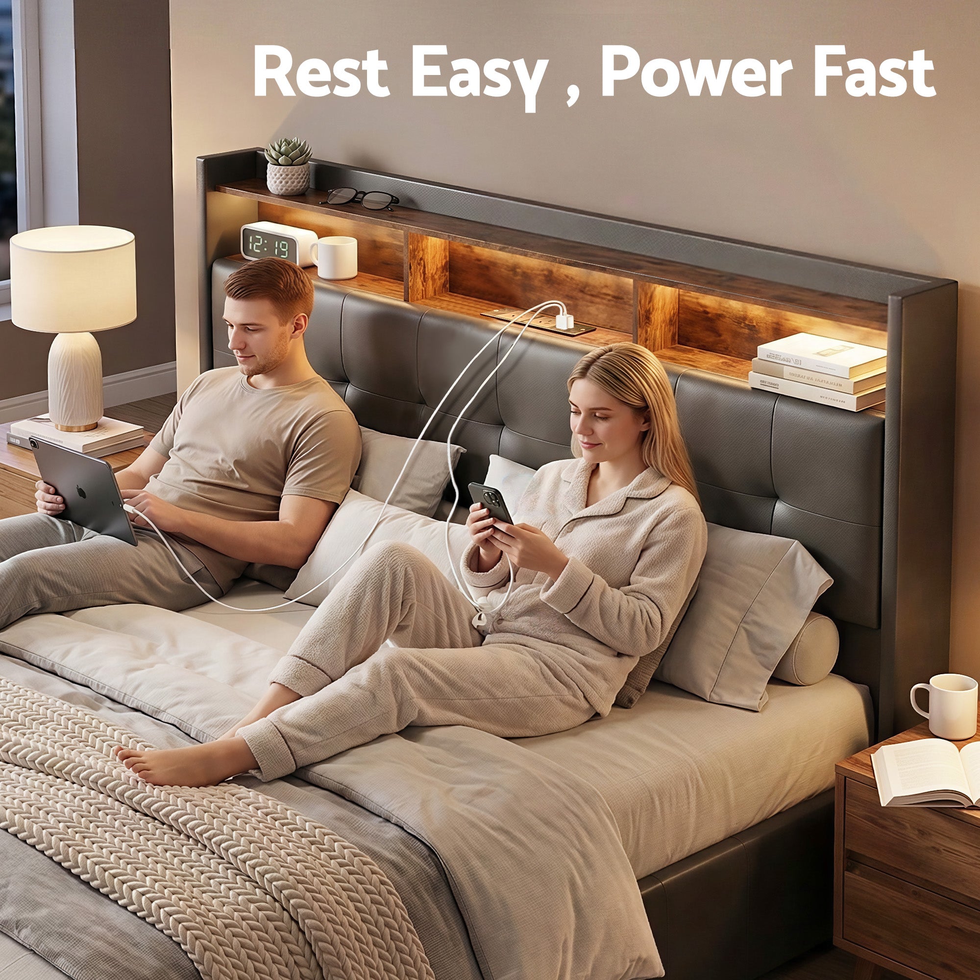Artiss Queen Bed Frame with Gas Lift Storage LED Lights Charging Station Headboard with Open Shelf
