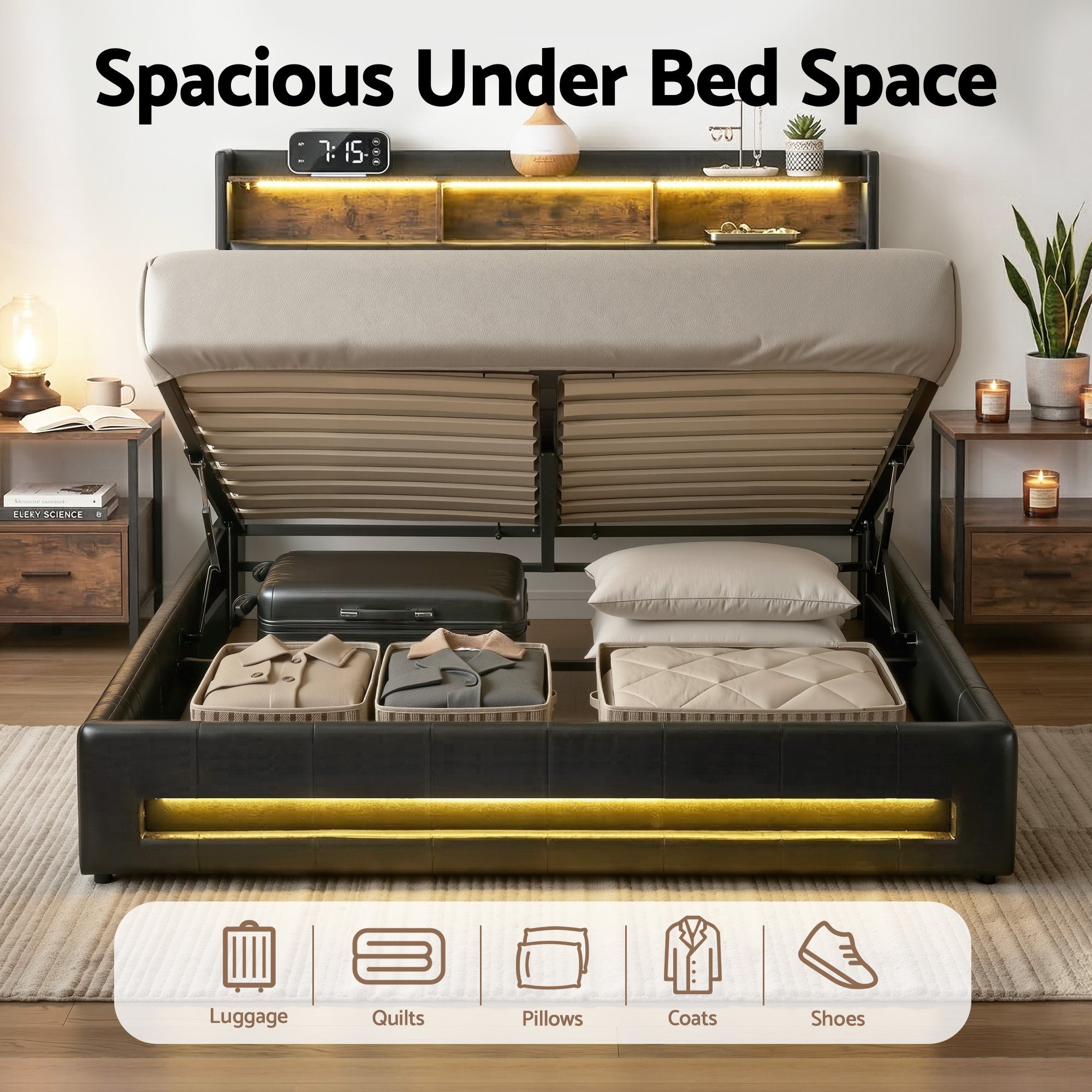 Artiss Queen Bed Frame with Gas Lift Storage LED Lights Charging Station Headboard with Open Shelf