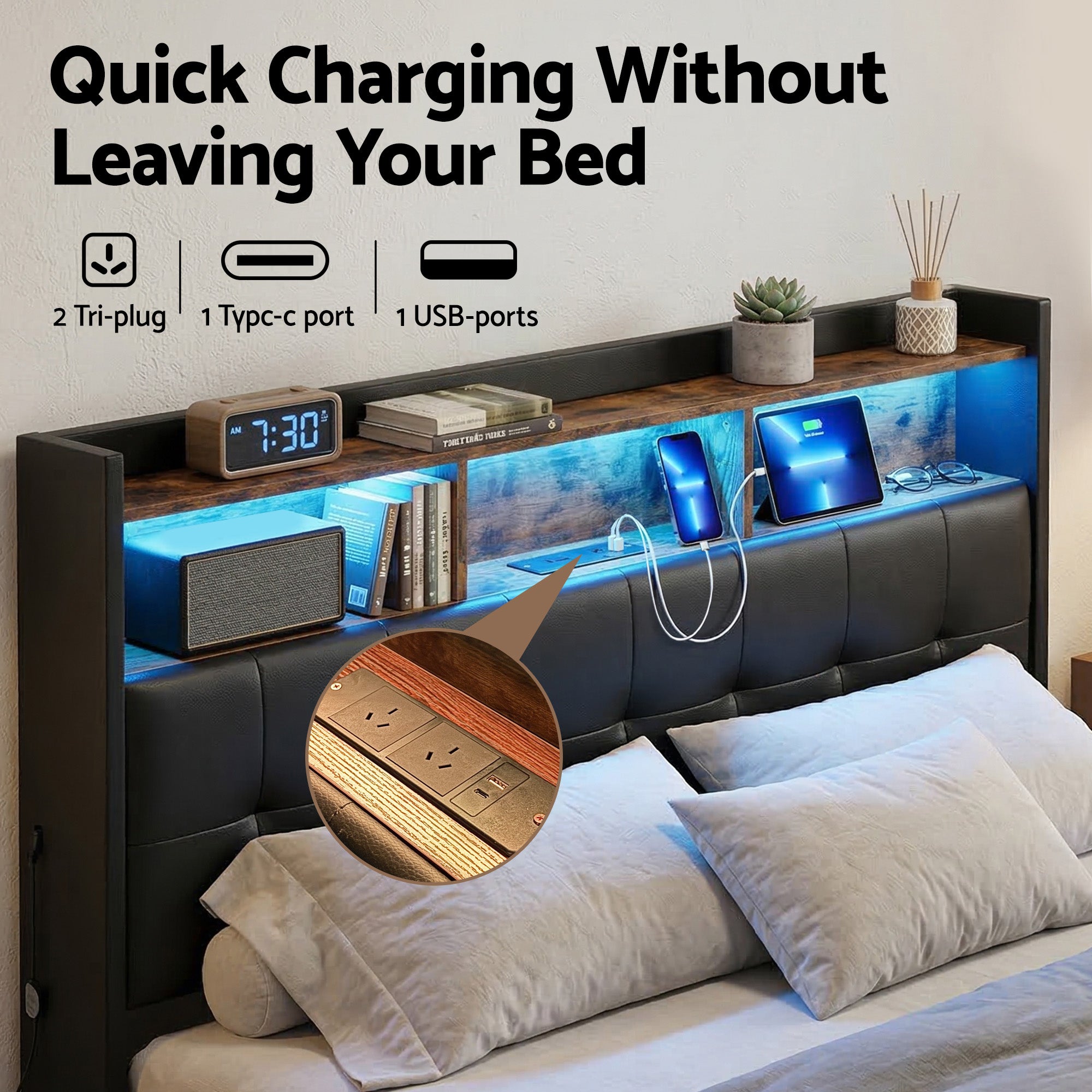 Artiss Queen Bed Frame with Gas Lift Storage LED Lights Charging Station Headboard with Open Shelf