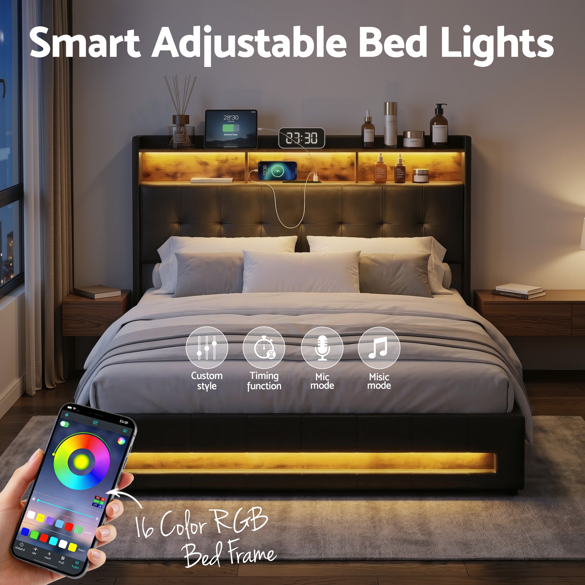 Artiss Queen Bed Frame with Gas Lift Storage LED Lights Charging Station Headboard with Open Shelf
