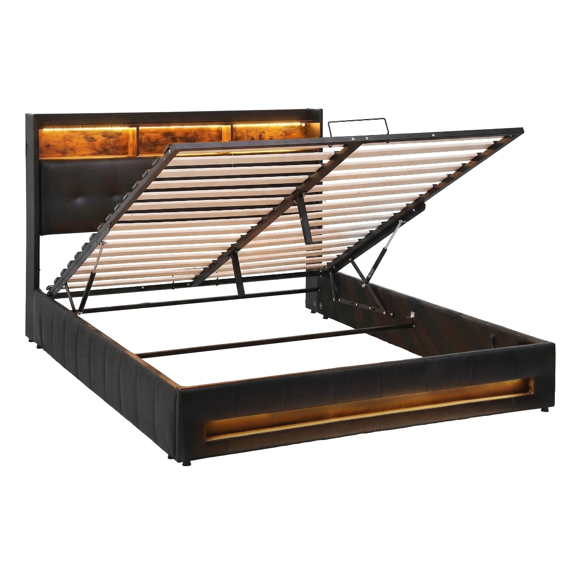Artiss Queen Bed Frame with Gas Lift Storage LED Lights Charging Station Headboard with Open Shelf