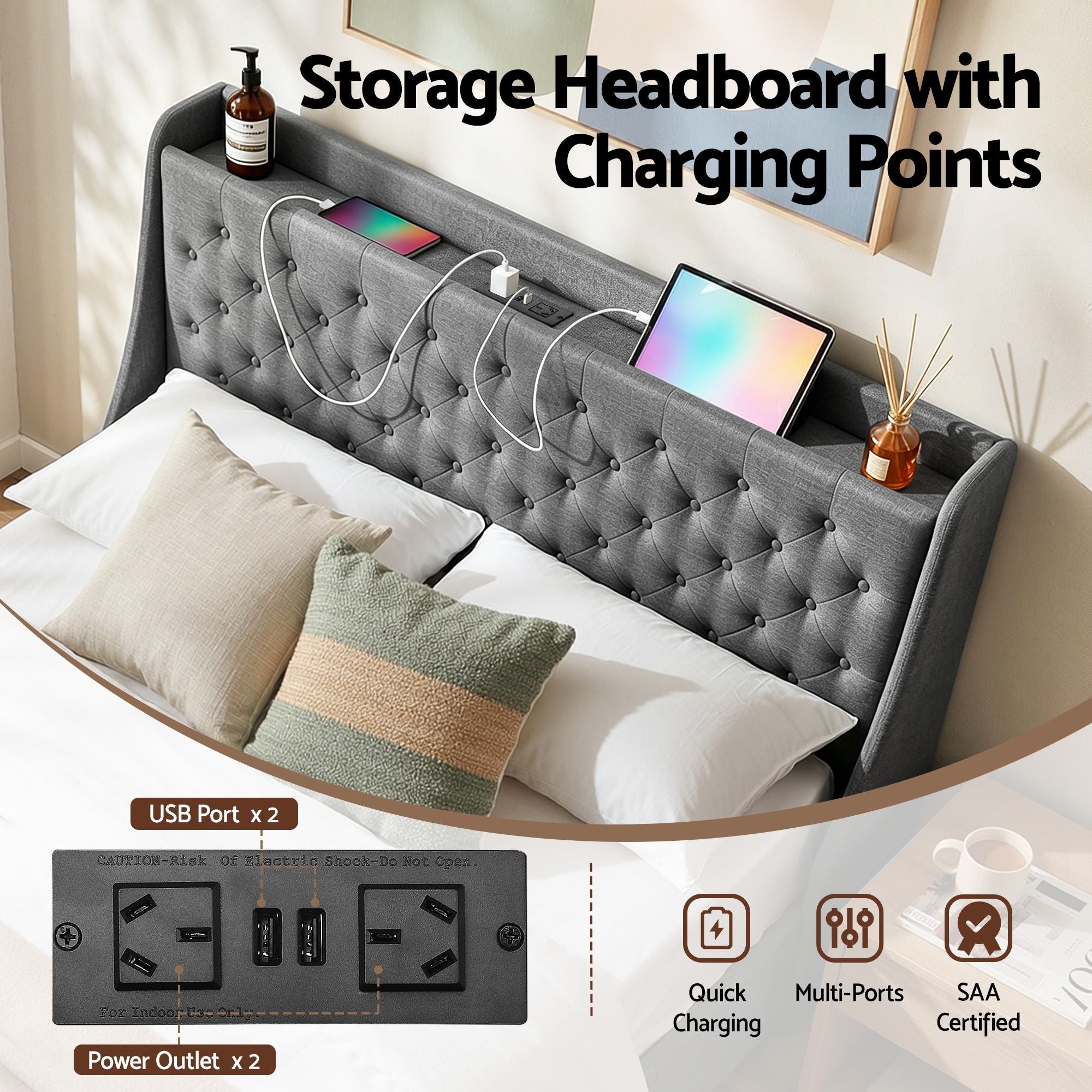 Artiss Queen Bed Frame with 4 Storage Drawers and Charging Station Tufted Wingback Headboard 300kg Loads Charcoal Grey