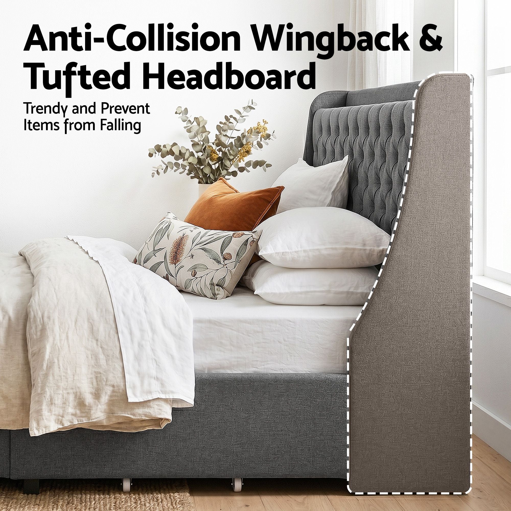 Artiss Queen Bed Frame with 4 Storage Drawers and Charging Station Tufted Wingback Headboard 300kg Loads Charcoal Grey