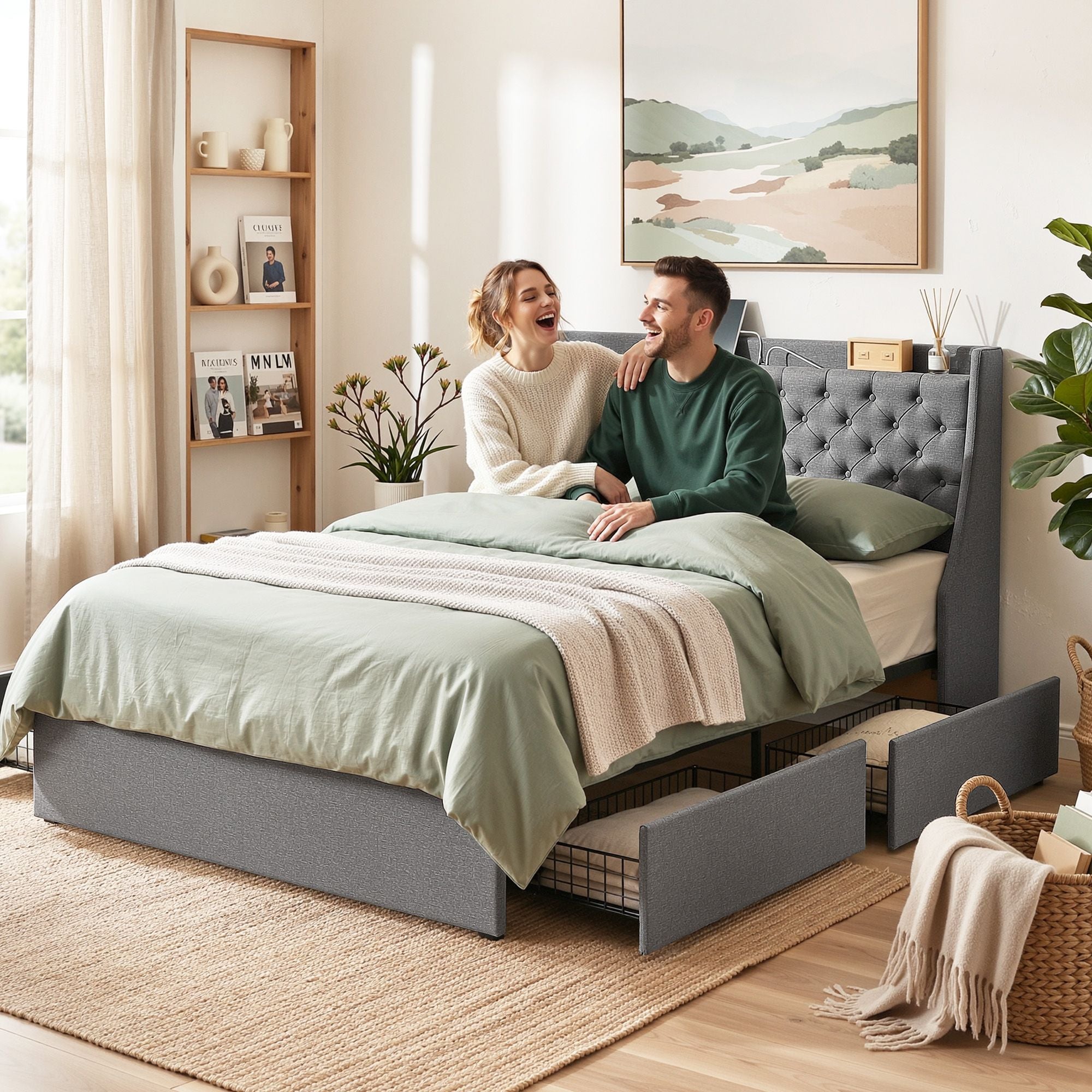 Artiss Queen Bed Frame with 4 Storage Drawers and Charging Station Tufted Wingback Headboard 300kg Loads Charcoal Grey