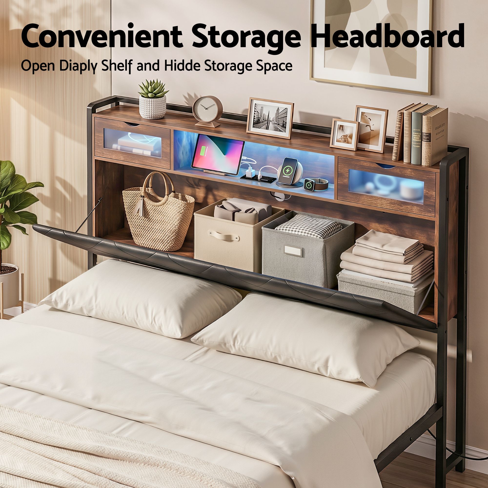Artiss Queen Bed Frame with LED Lights and Storage Headboard Charging Station