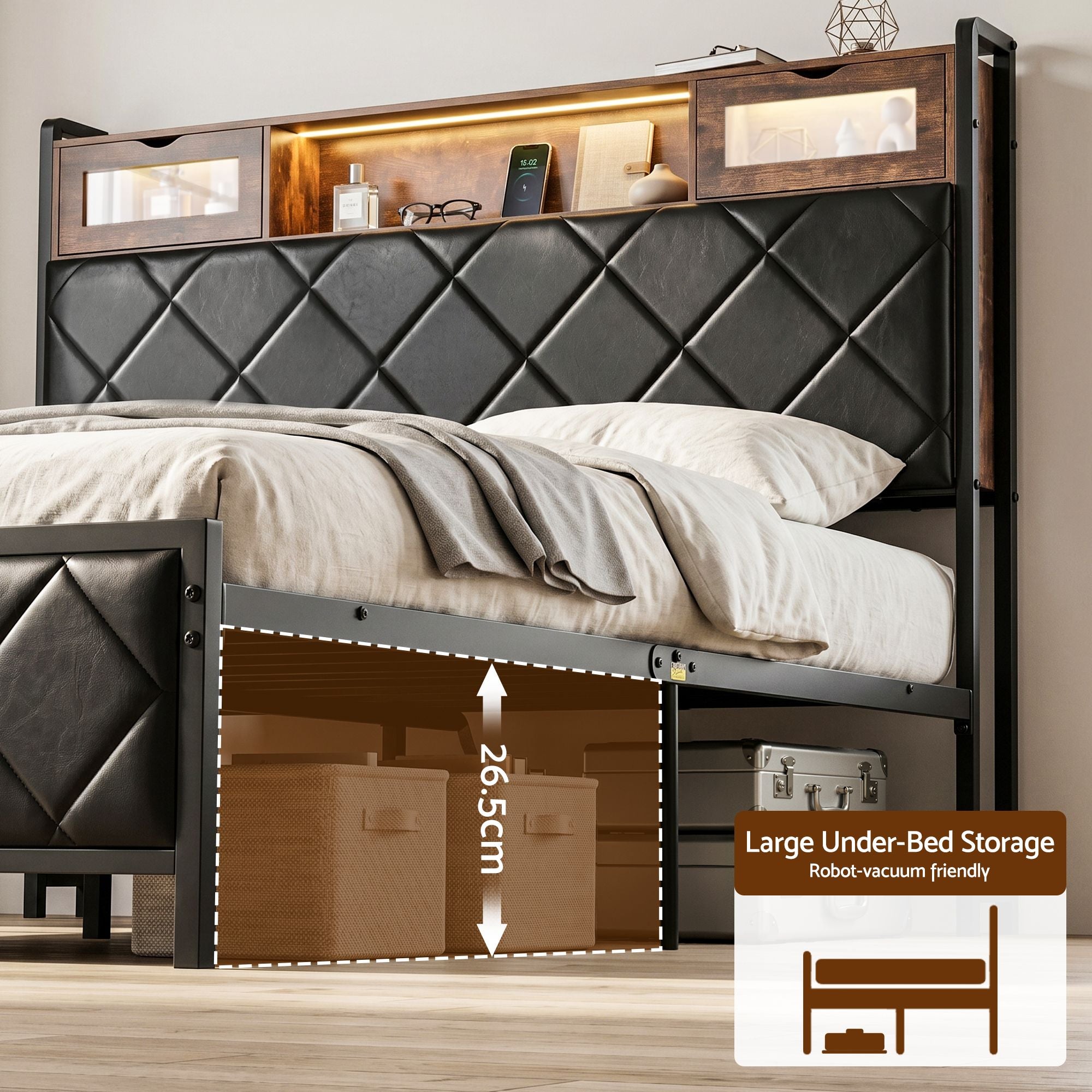Artiss Queen Bed Frame with LED Lights and Storage Headboard Charging Station
