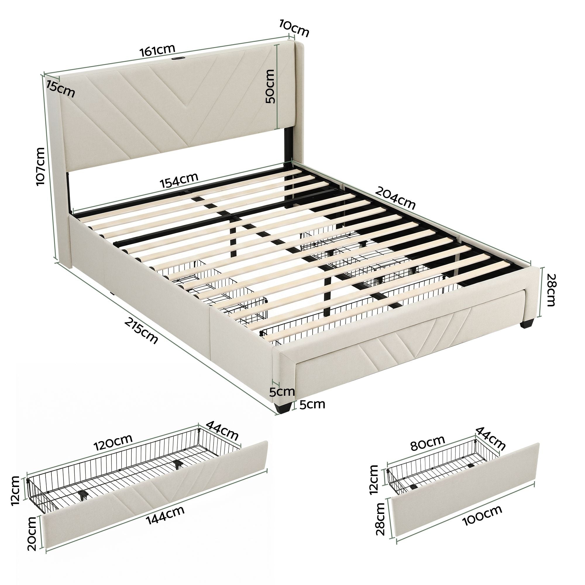 Artiss Queen Bed Frame with Charging Station and Storage Drawers Beige 300KG Noise Free