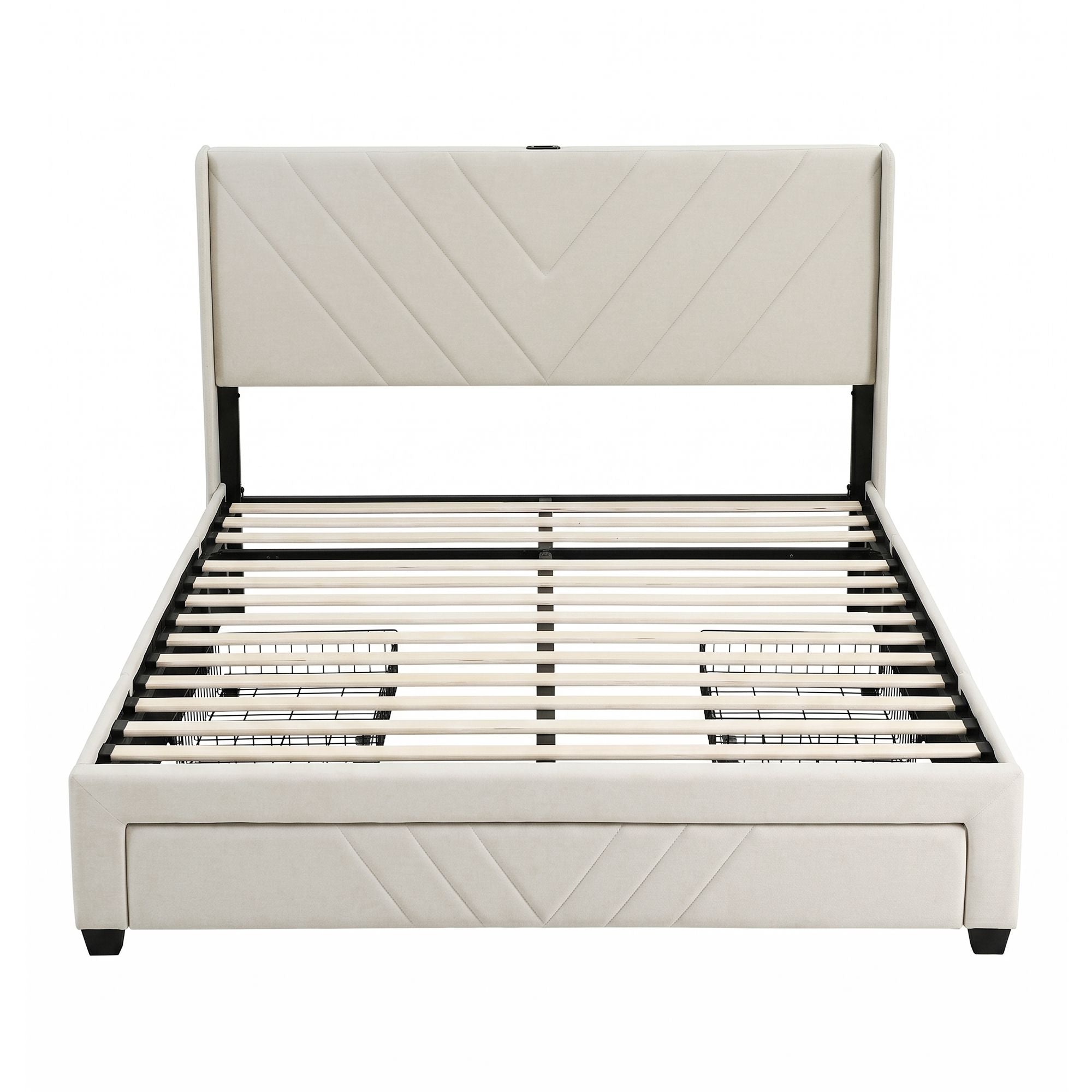 Artiss Queen Bed Frame with Charging Station and Storage Drawers Beige 300KG Noise Free
