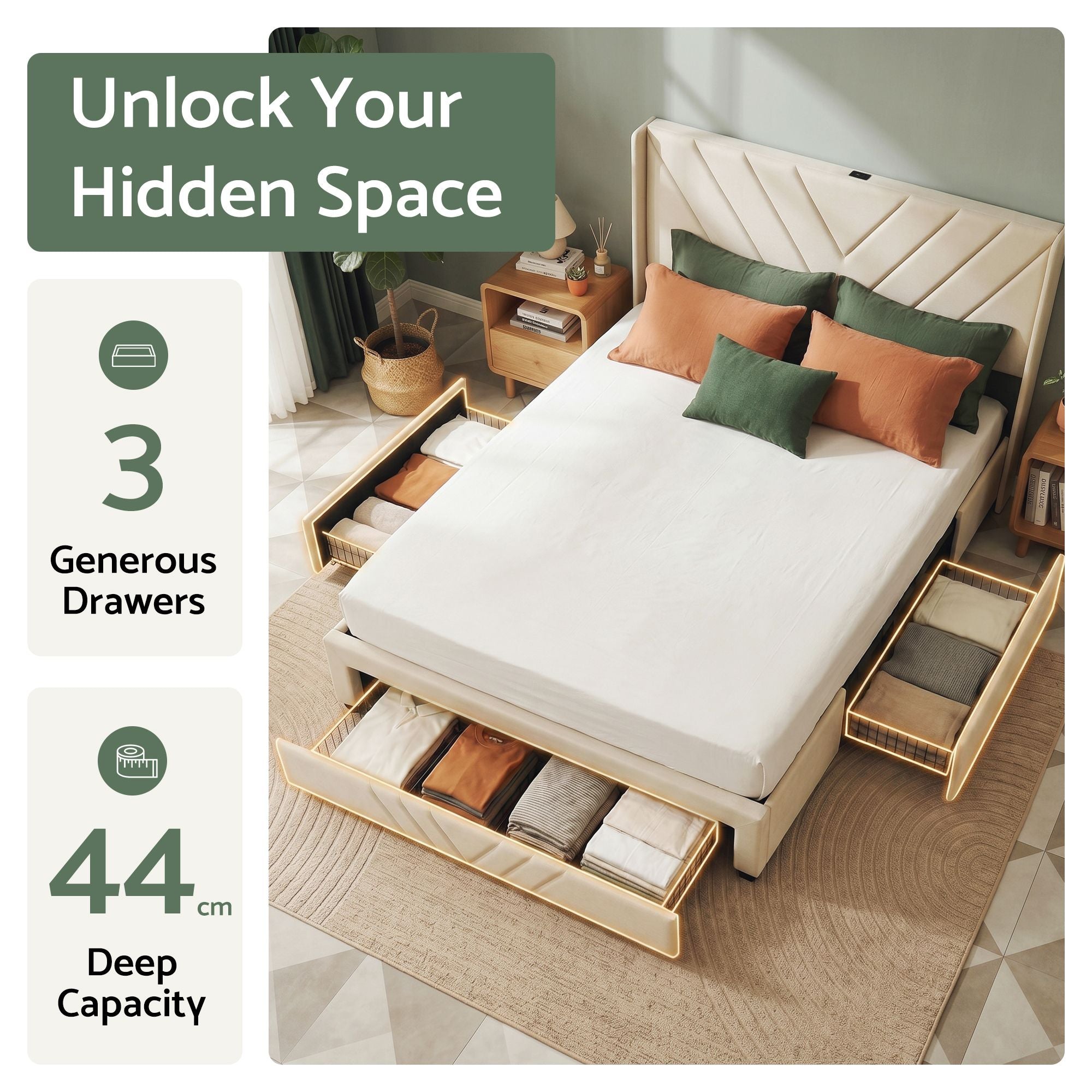 Artiss Queen Bed Frame with Charging Station and Storage Drawers Beige 300KG Noise Free