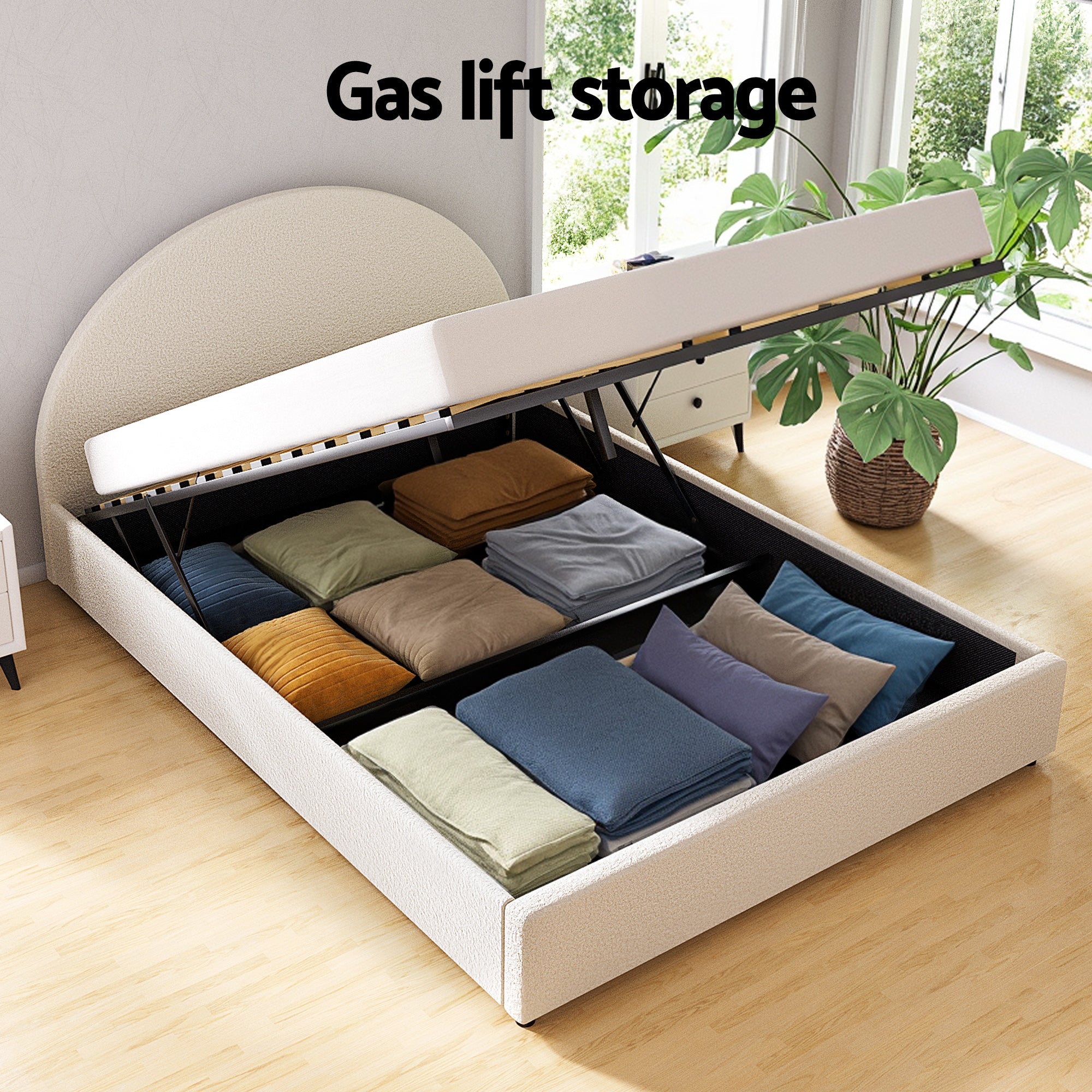 Artiss Queen Bed Frame Bedside Table Set Gas Lift Storage Base with Boucle Fabric Upholstered Headboard 2 Drawer Nightstand for Bedroom Furniture