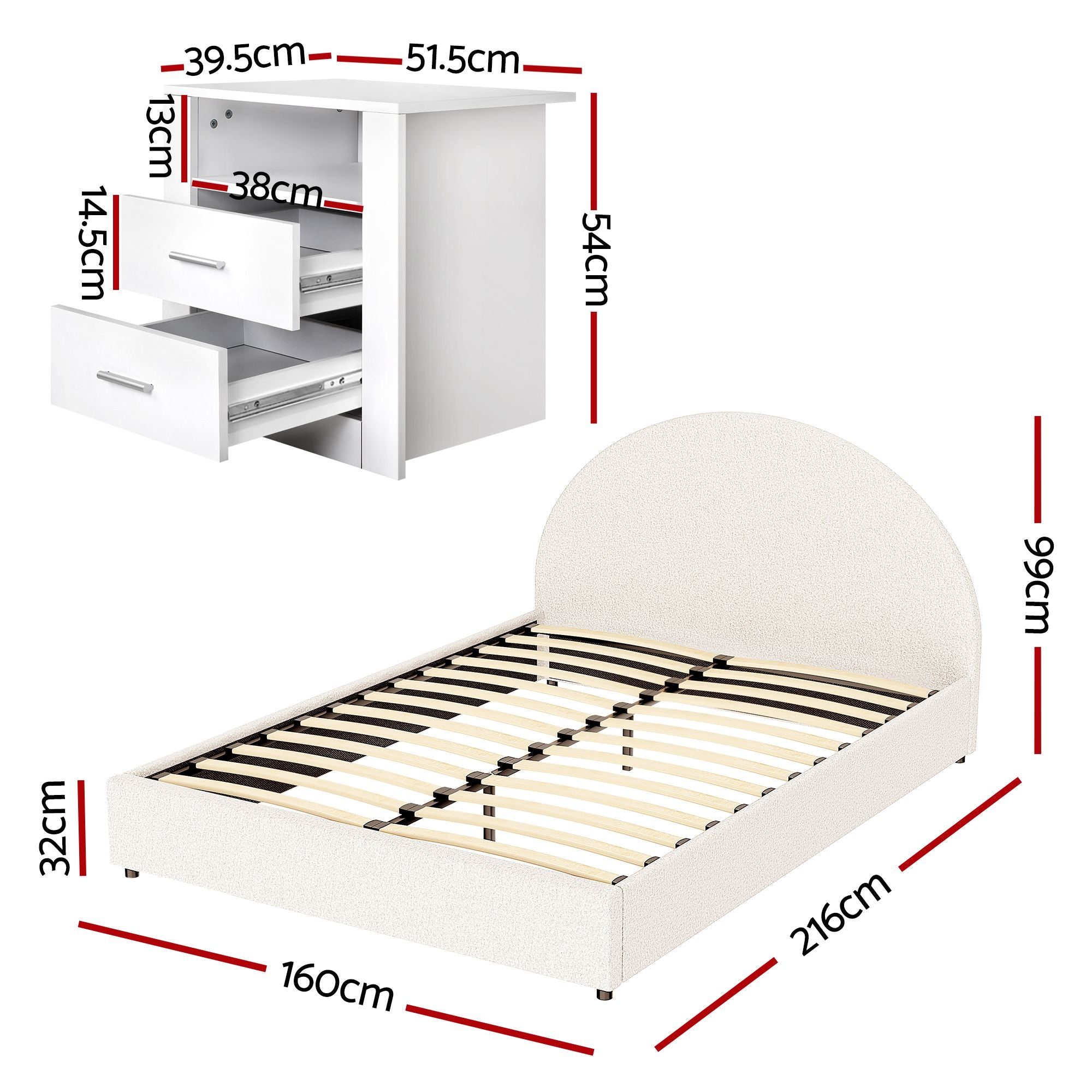 Artiss Queen Bed Frame with Storage and Bedside Table Set Boucle Fabric Gas Lift Bed Base 2-Drawer Nightstand
