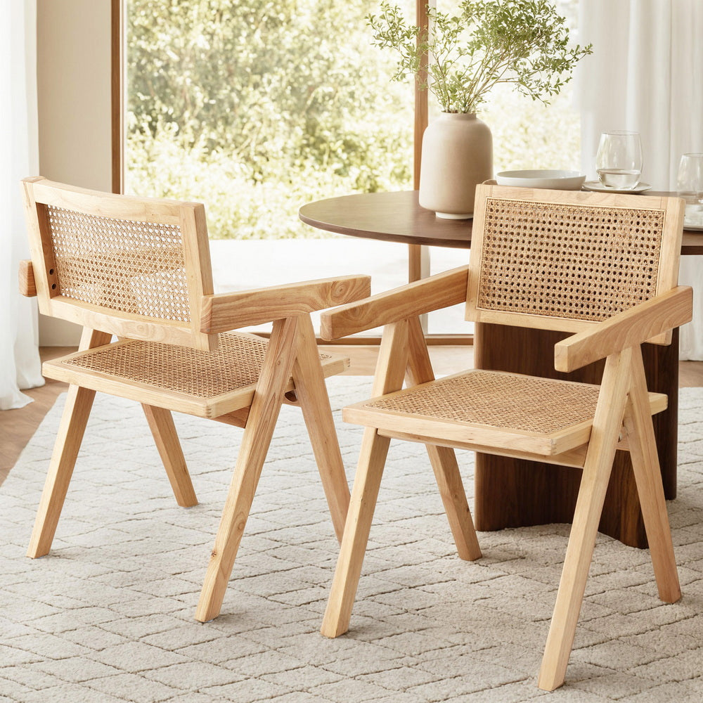 Artiss 2x Dining Chairs Wooden Rattan Seat Rubber Wood Frame
