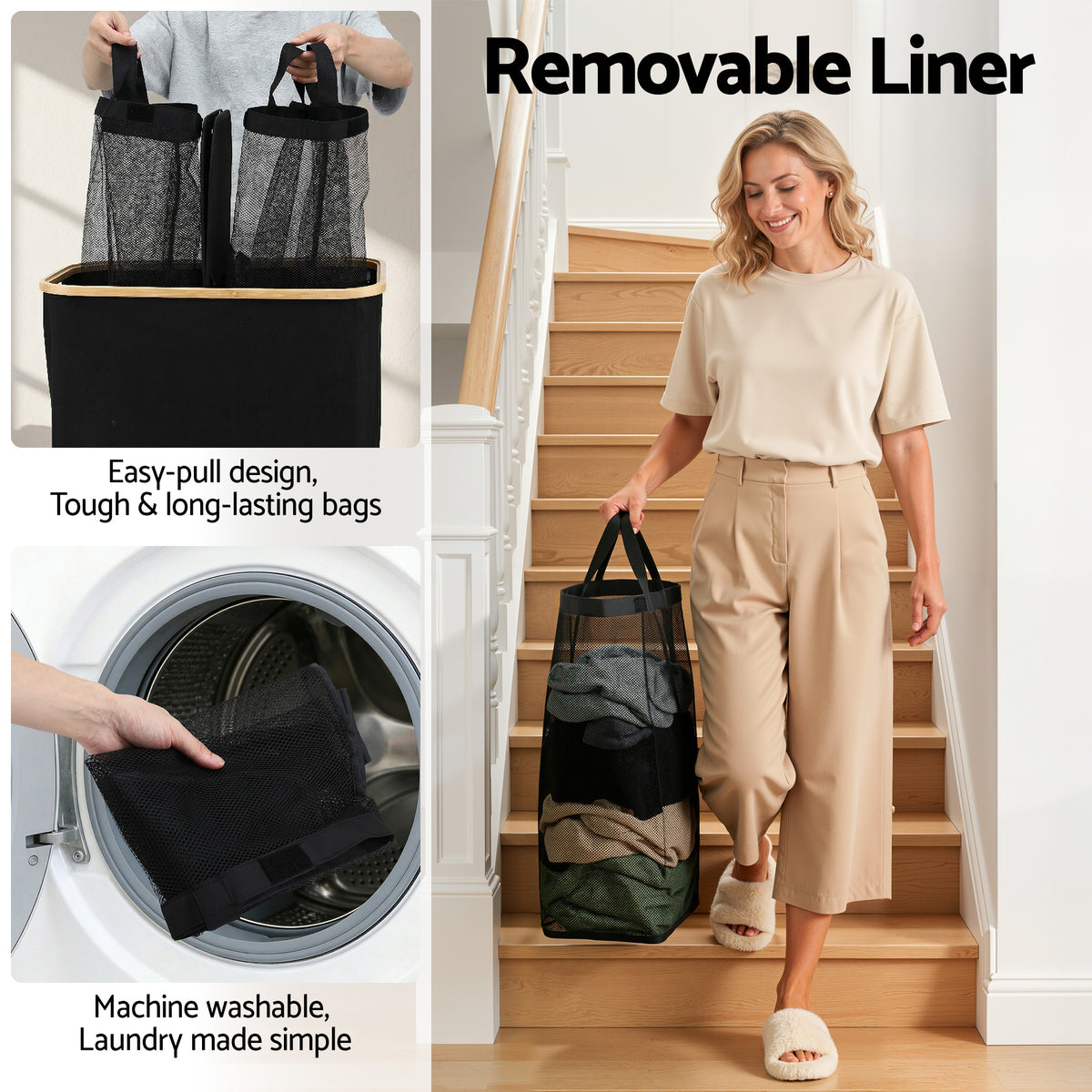 Artiss 2 Sections Laundry Basket with Removable Bags Foldable Black