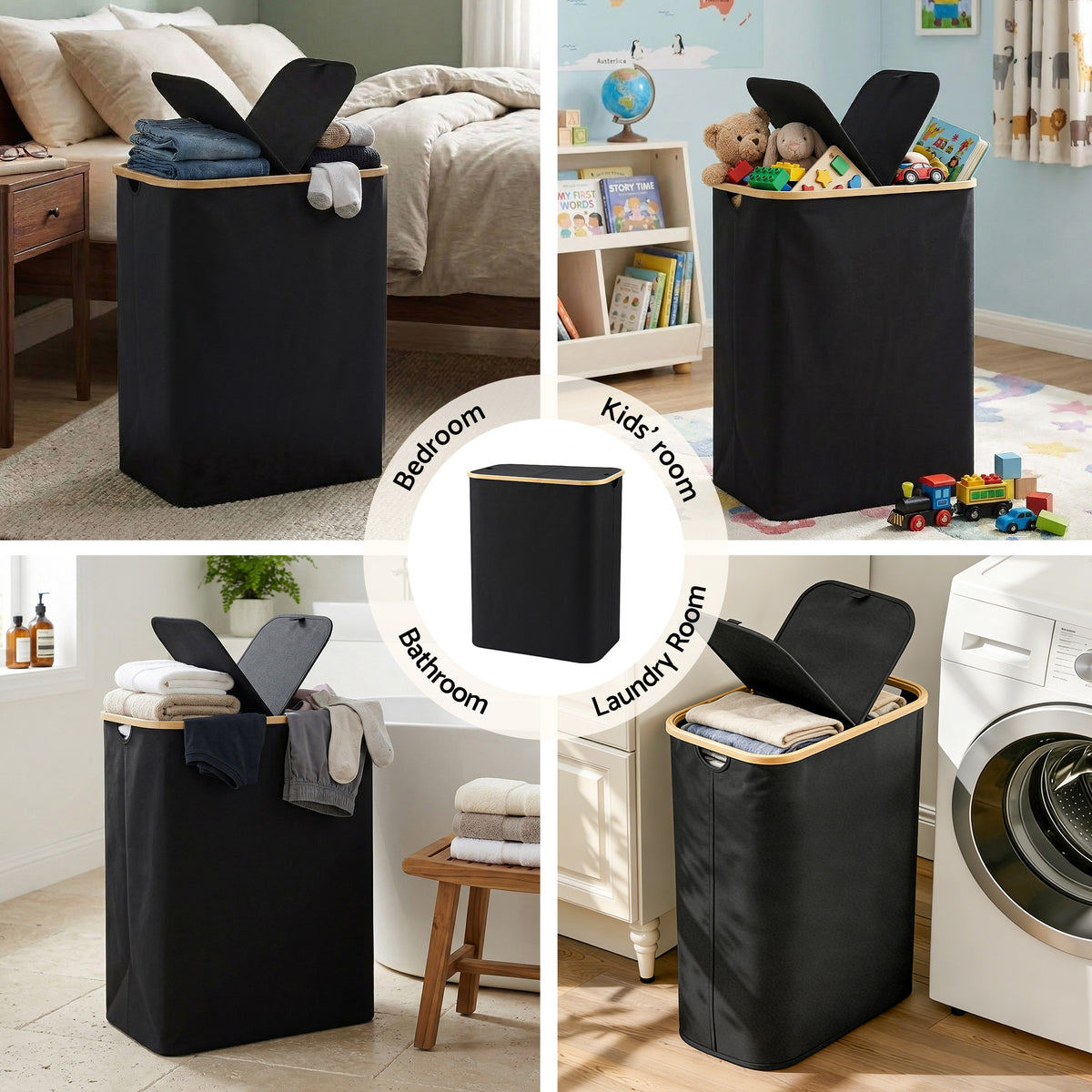 Artiss 2 Sections Laundry Basket with Removable Bags Foldable Black