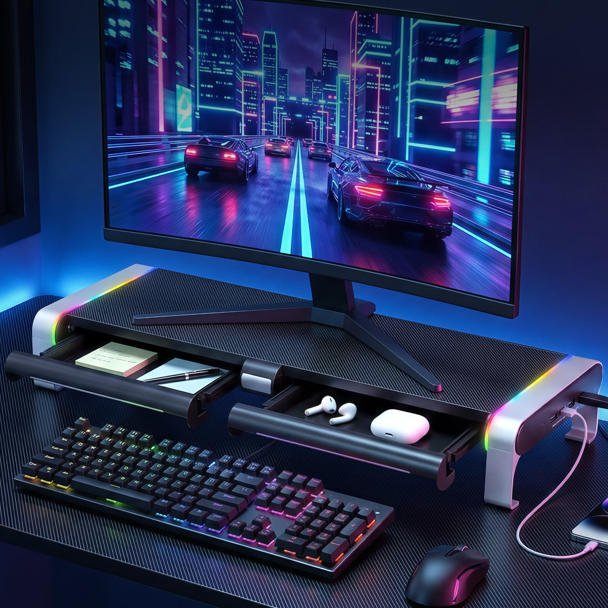 Artiss RGB Monitor Stand with USB Hub Desk Organiser Charging Stand Computer Stand Black