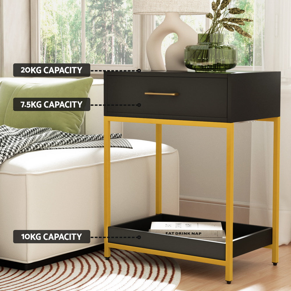 Artiss Bedside Table Drawers Side Table Shelf Storage Nightstand Black MASON