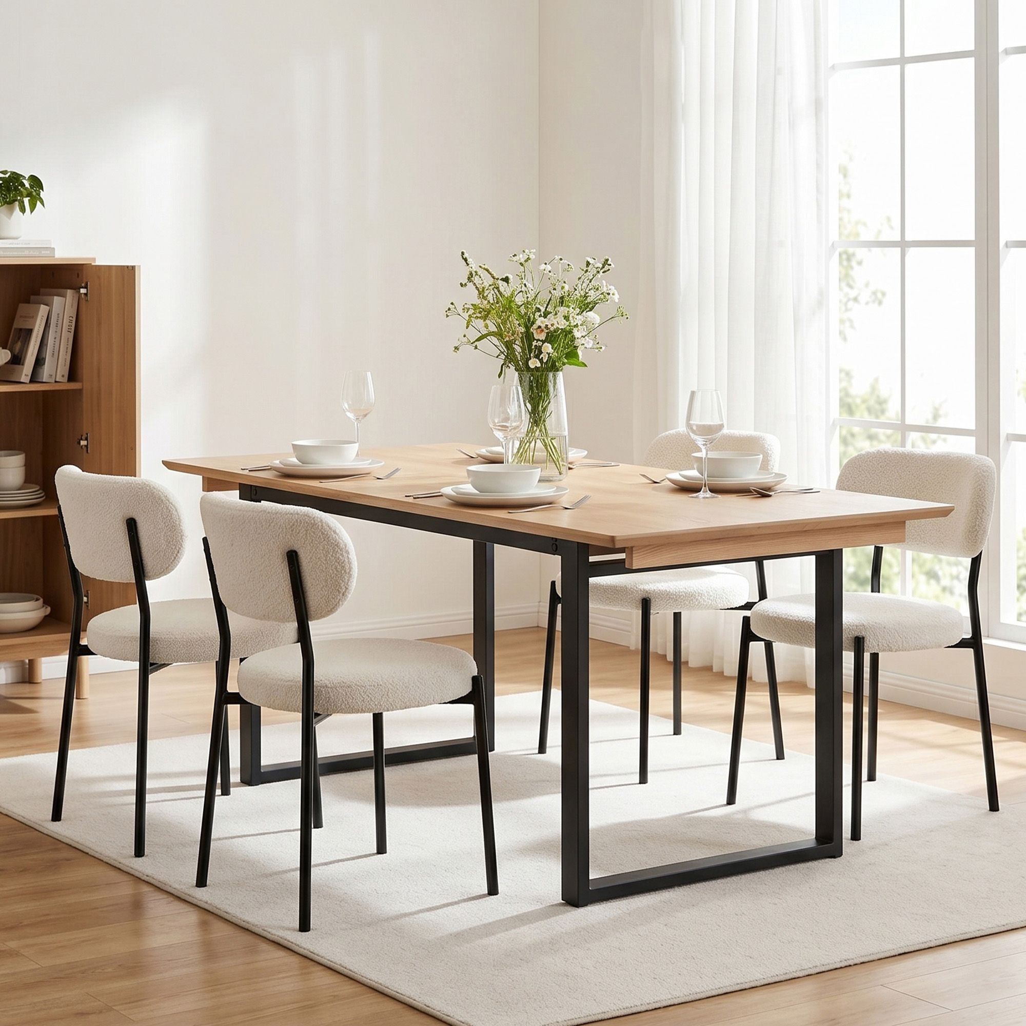 Artiss 200cm Extendable Dining Table Set with 4x Dining Chairs Sherpa White
