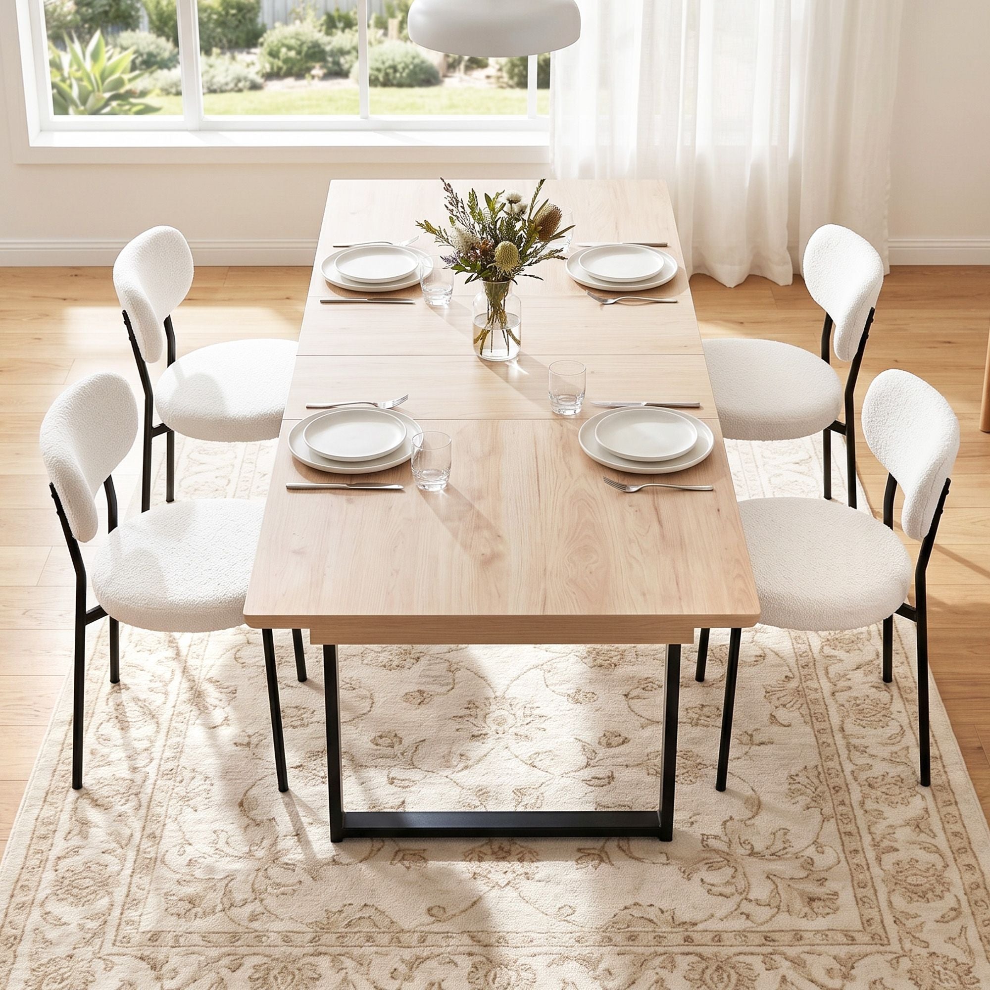 Artiss 200cm Extendable Dining Table Set with 4x Dining Chairs Sherpa White