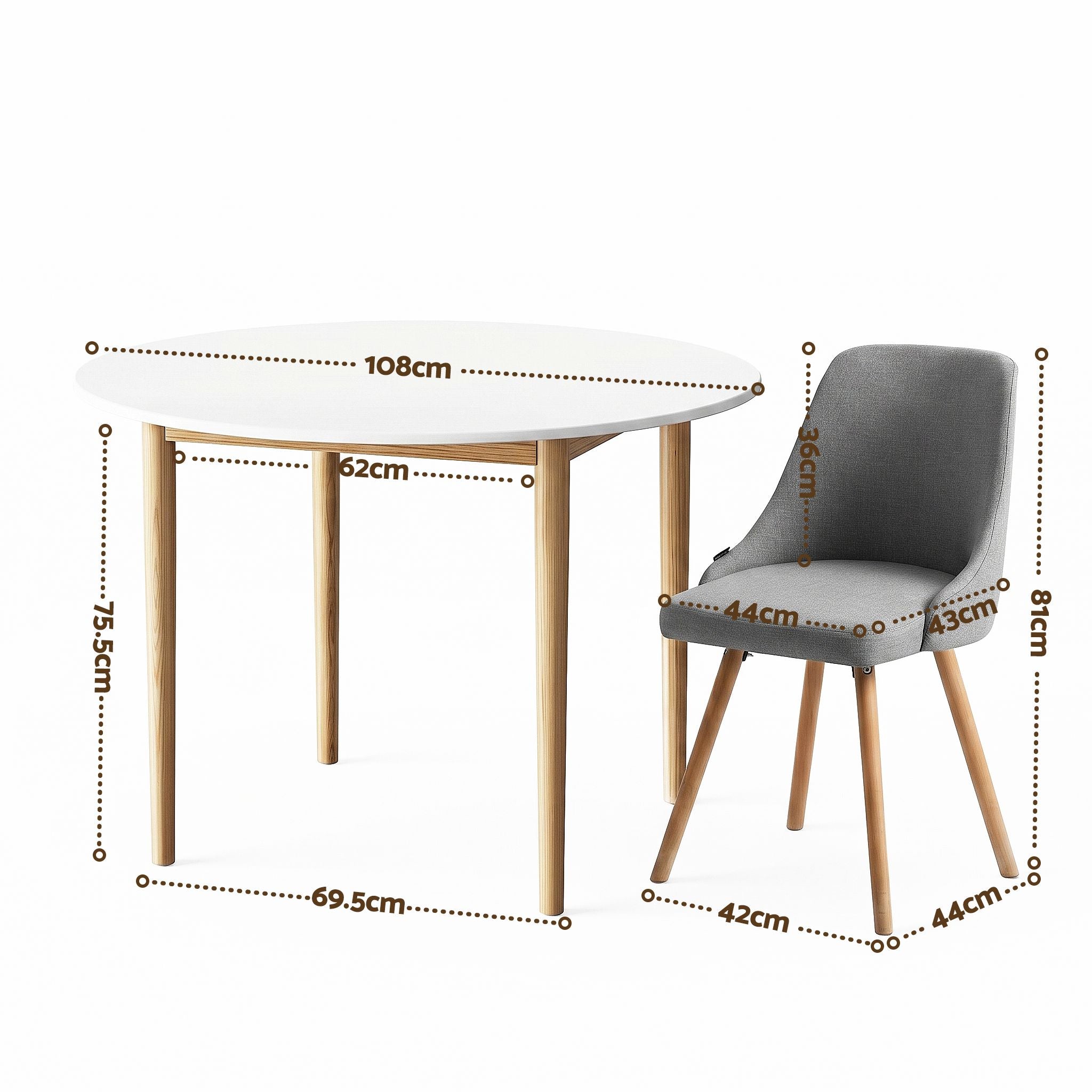 Artiss Round Dining Table and Chairs Set 5pcs Compact Kitchen Furniture White Natural Wood & Grey