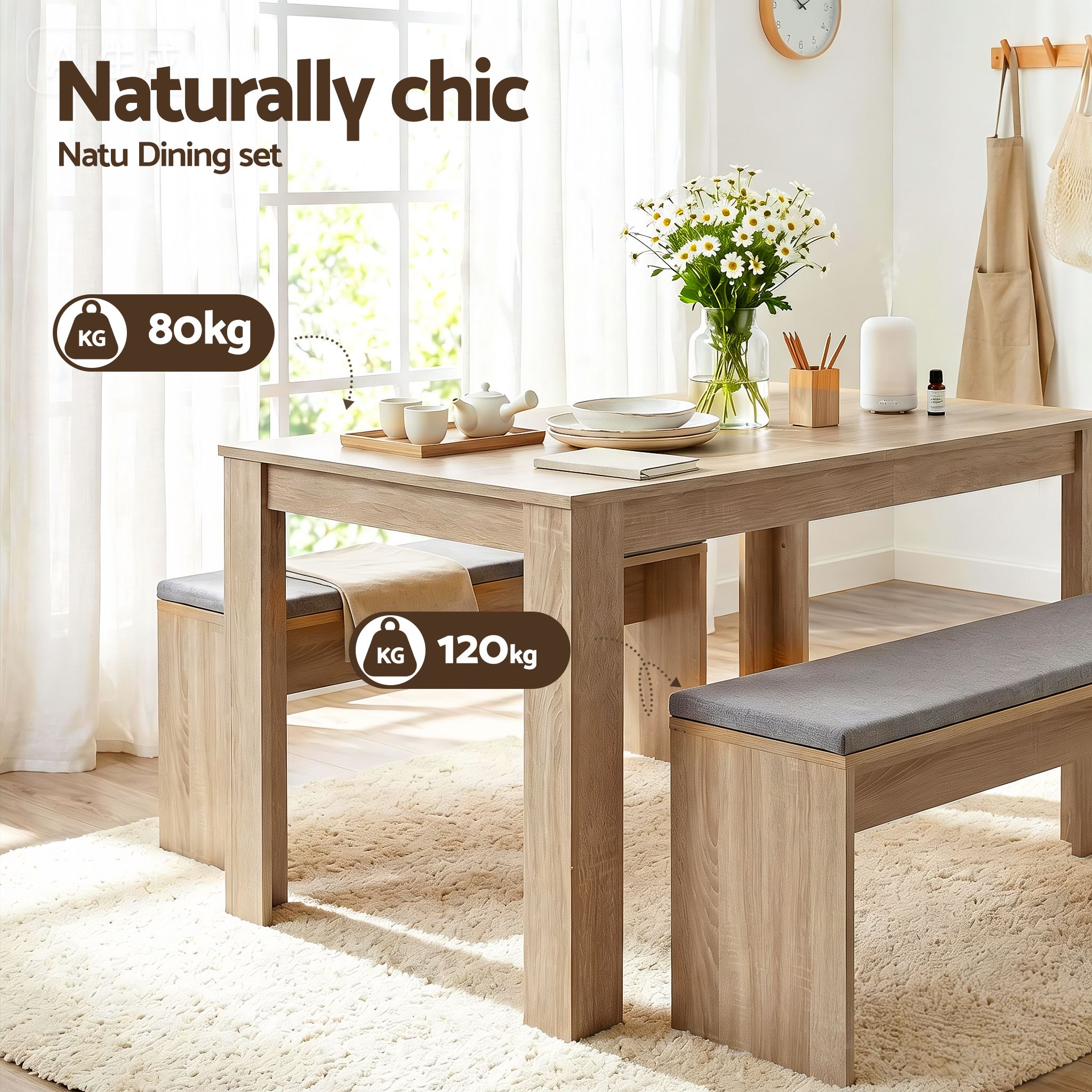 Artiss 3 Piece Dining Sets, 120cm Wooden Dining Table and 2 Upholstered Chairs Set, Space-Saving Modern Kitchen Dining Suite for Home Apartment (Oak)