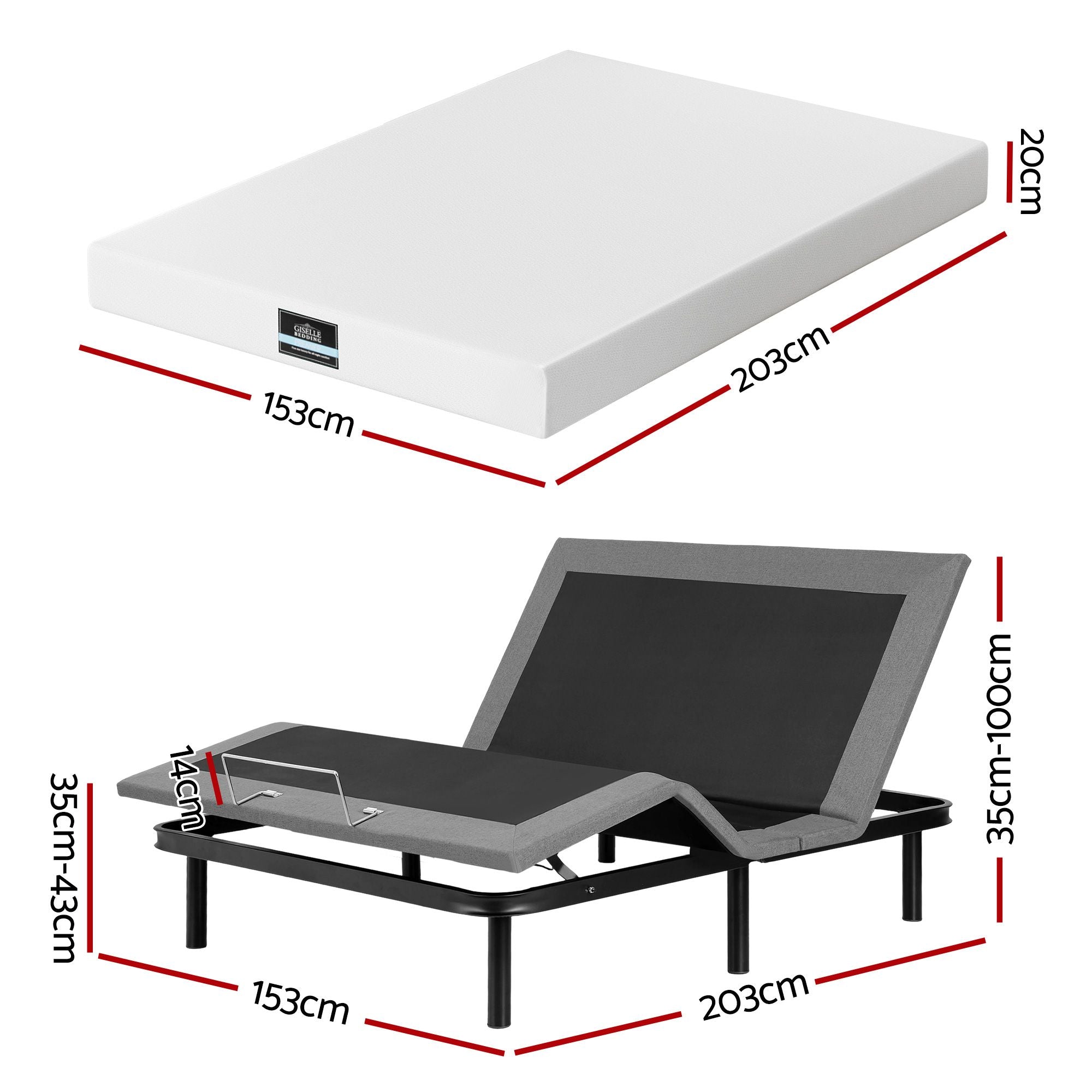 Artiss Queen size bed frame & Giselle Bedding Mattress Queen Combo, adjustable bed Base for Snoring Relief, Independent Head Foot Incline, Wireless Remote, Black,20cm Thickness