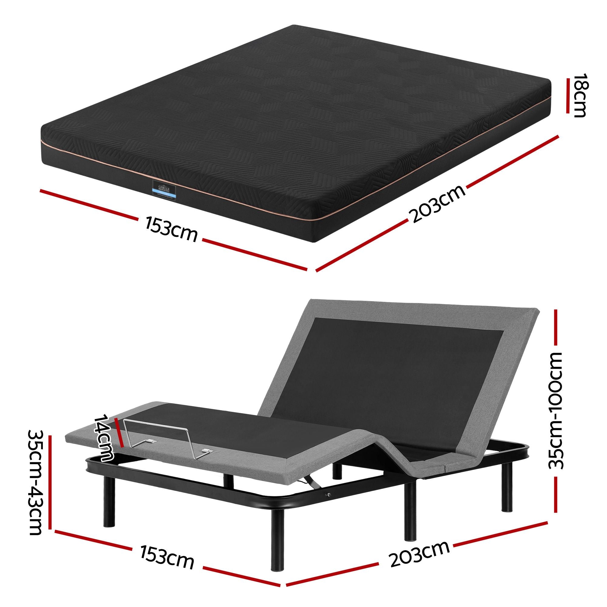 Artiss Queen size bed frame with Giselle Bedding Queen Mattress, adjustable bed Base Combo for Snoring Relief, Independent Head Foot Incline, Wireless Remote, Black,18cm Thickness