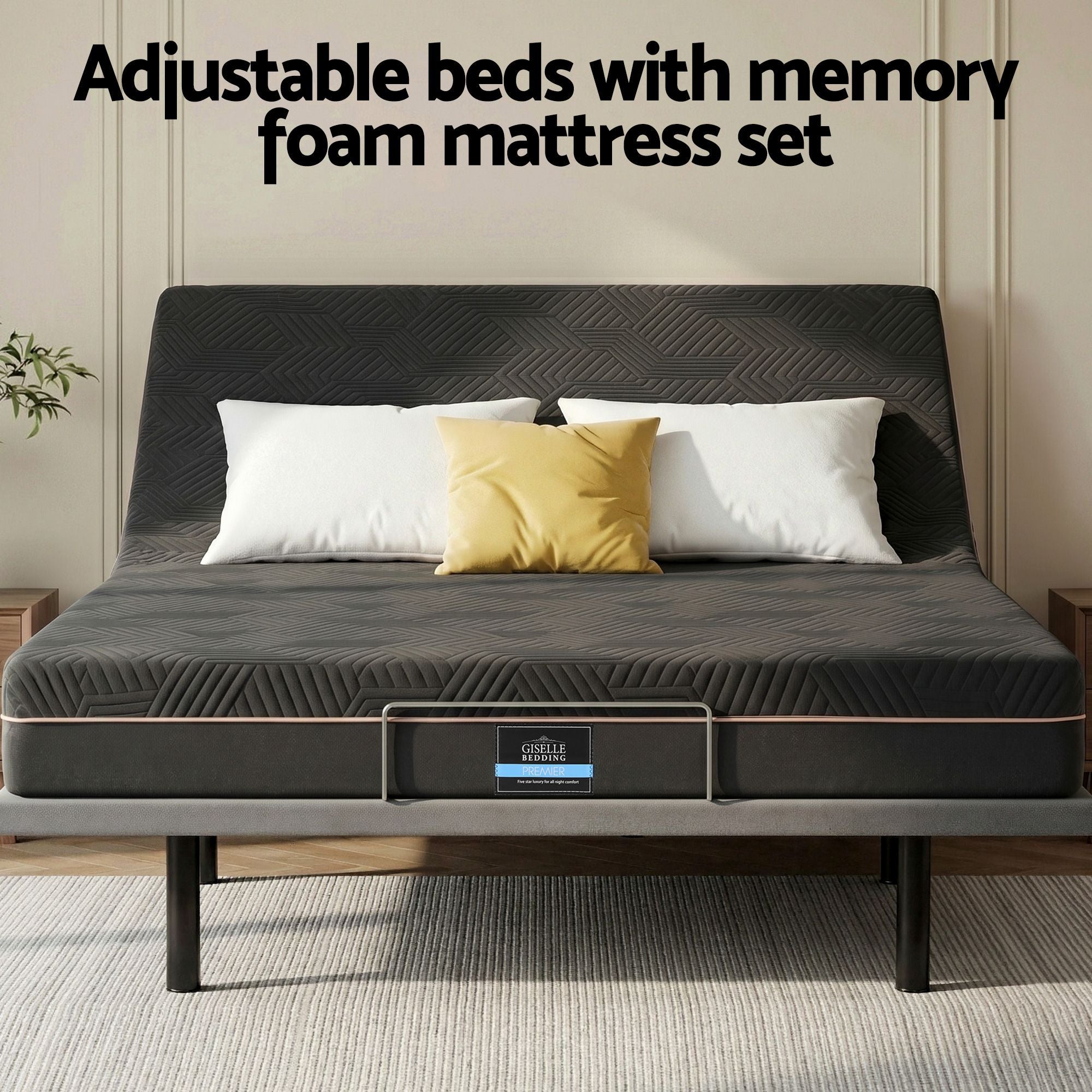 Artiss Queen size bed frame with Giselle Bedding Queen Mattress, adjustable bed Base Combo for Snoring Relief, Independent Head Foot Incline, Wireless Remote, Black,18cm Thickness