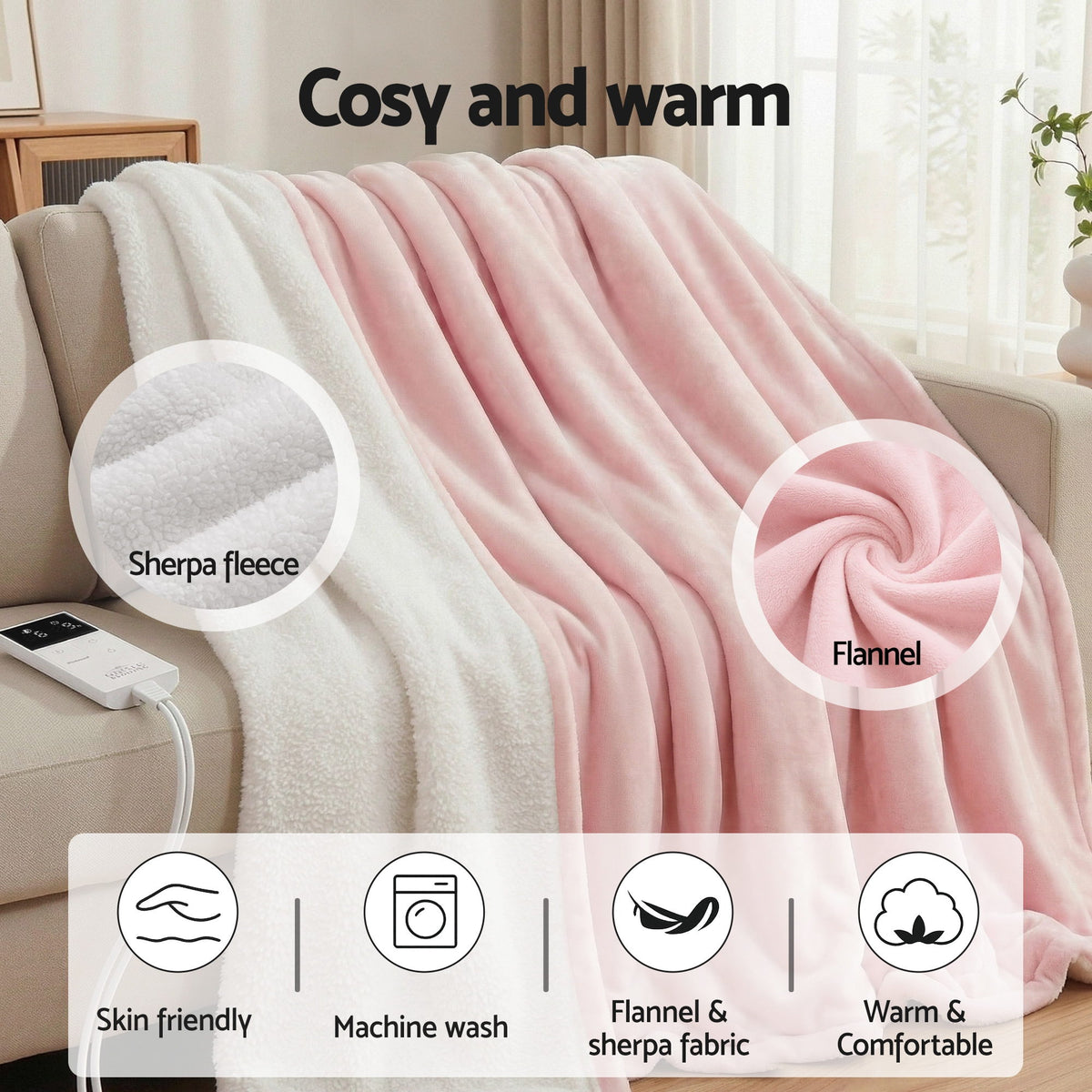 Giselle Electric Throw Rug Double Size 200x180cm Fleece Flannel Heated Blanket Pink