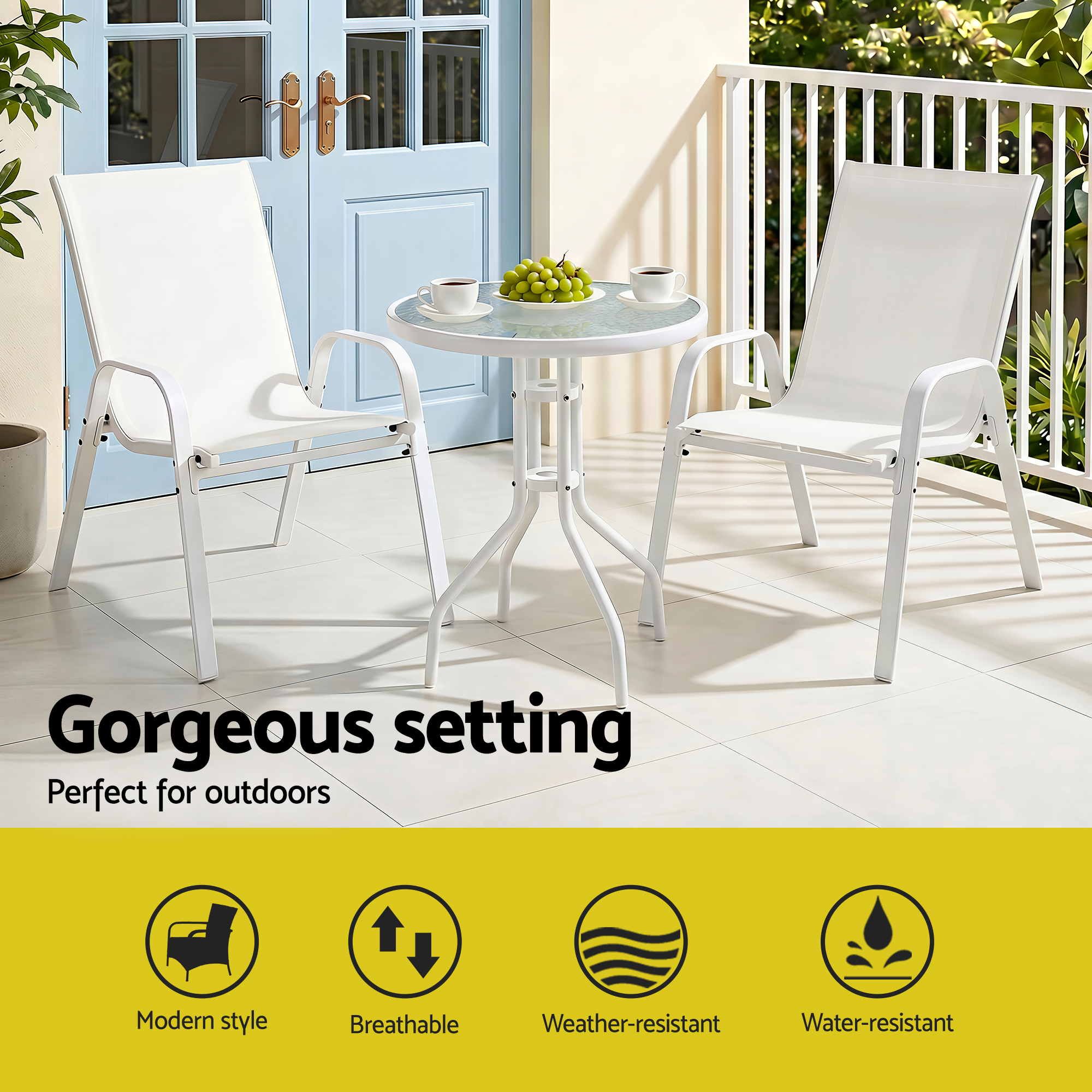 Gardeon 3PC Outdoor Bistro Set Table and Chairs Stackable Patio Furniture White