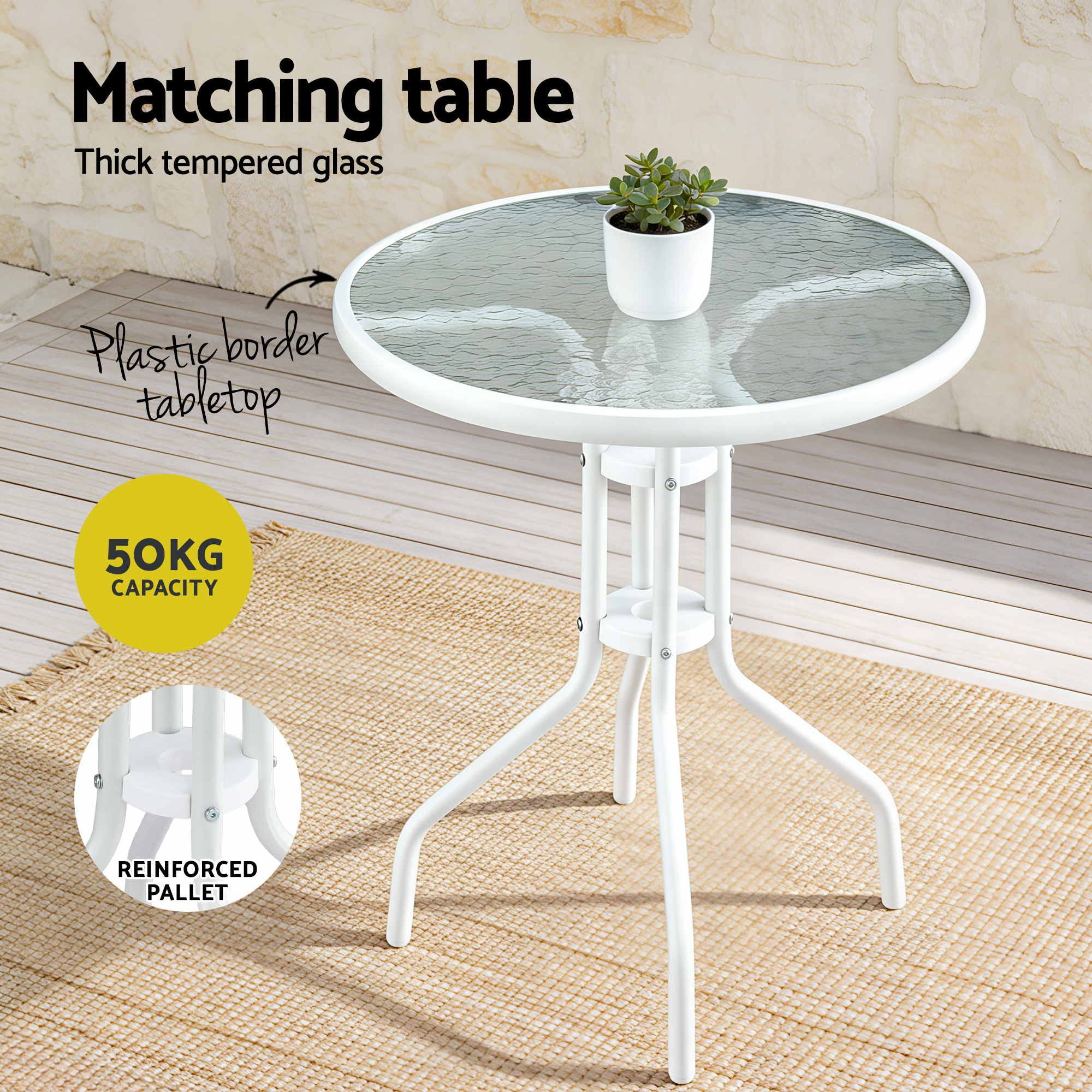Gardeon 3PC Outdoor Bistro Set Table and Chairs Stackable Patio Furniture White