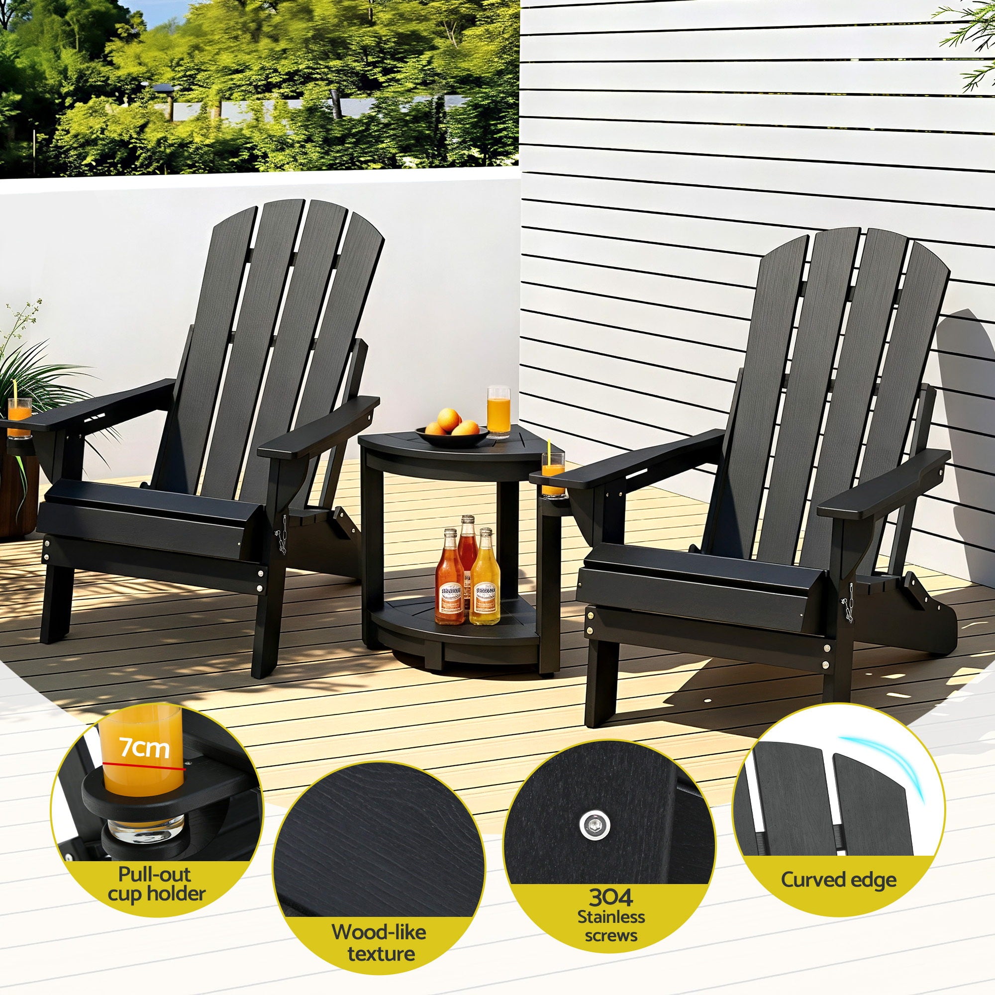 Gardeon Outdoor Table and Chairs HDPE Folding Adirondack Beach Chair Patio Furniture Black