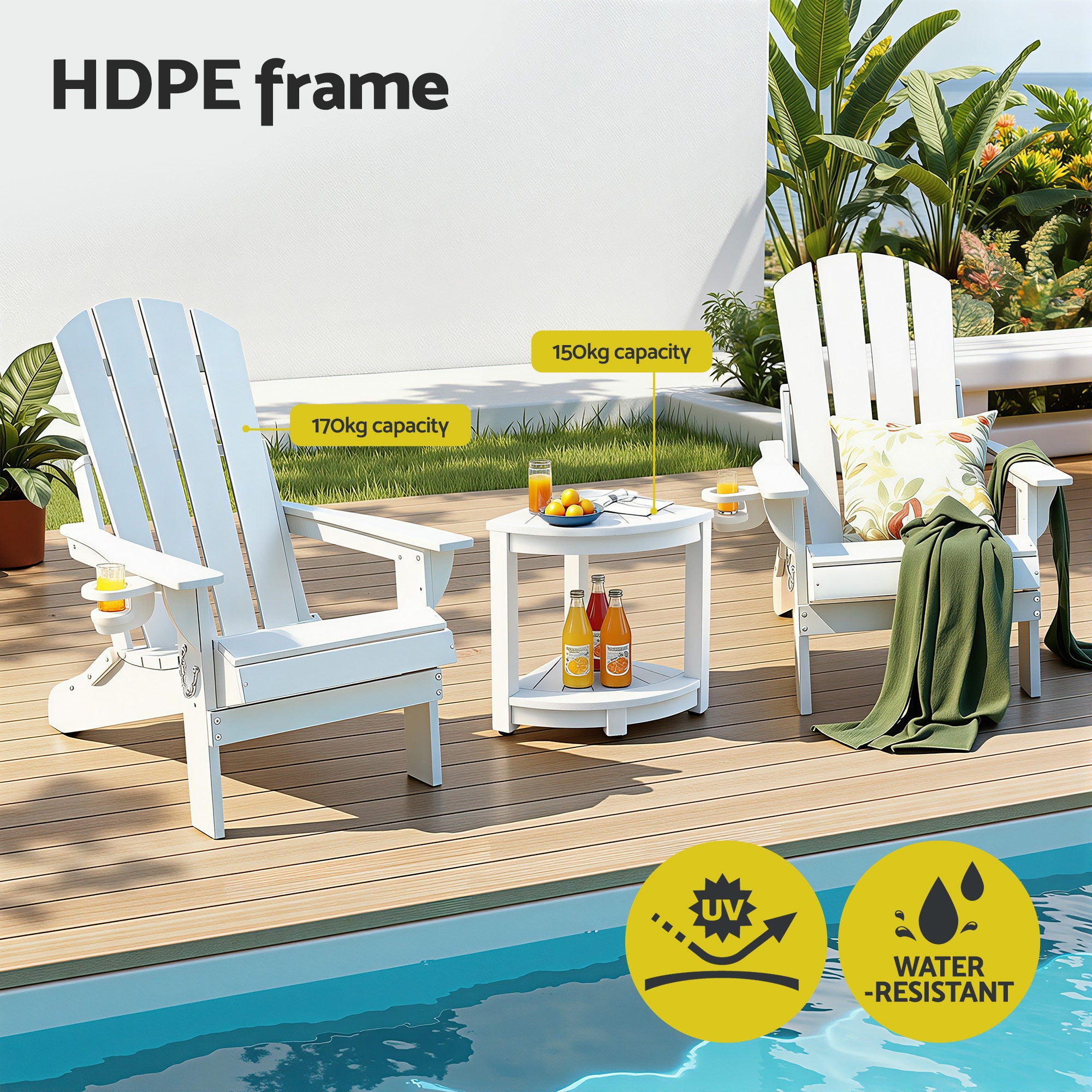 Gardeon Outdoor Table and Chairs HDPE Folding Adirondack Beach Chair Patio Furniture White