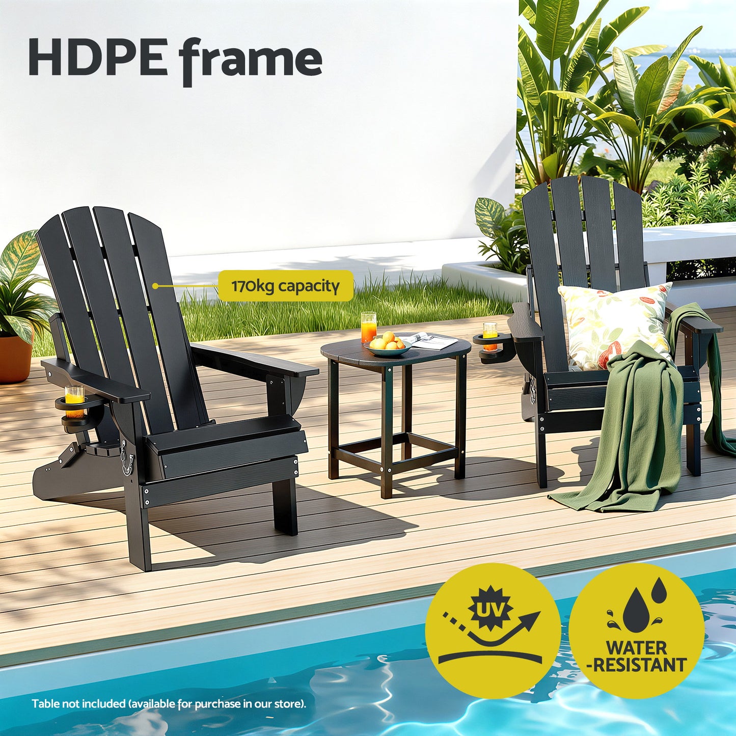 Gardeon Outdoor Chairs Folding Adirondack Beach Chair HDPE Sun Lounge Patio Furniture Garden Black