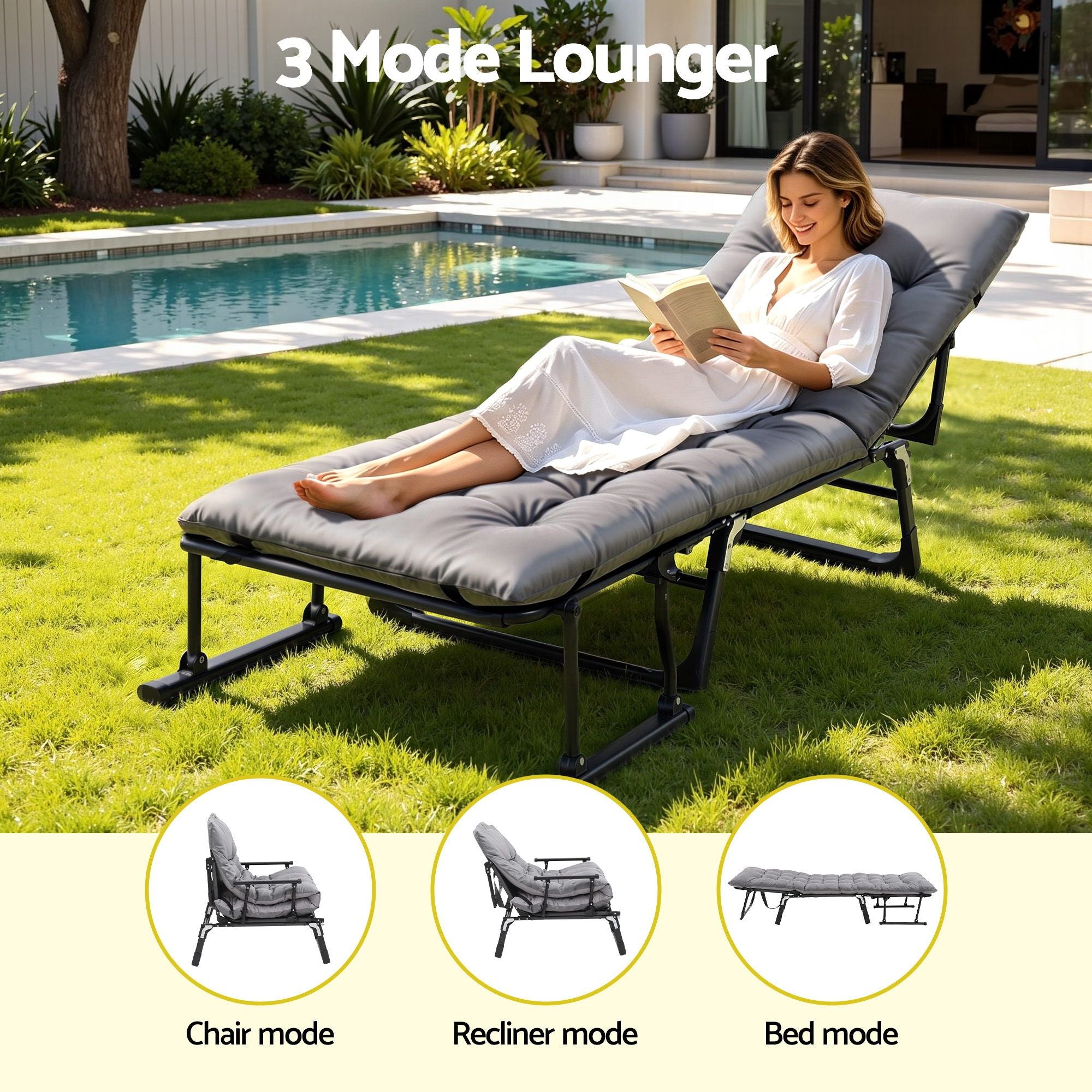 Gardeon 3-in-1 Sun Lounger Folding Camping Chair Adjustable Recliner Patio Furniture for Office Nap, Poolside
