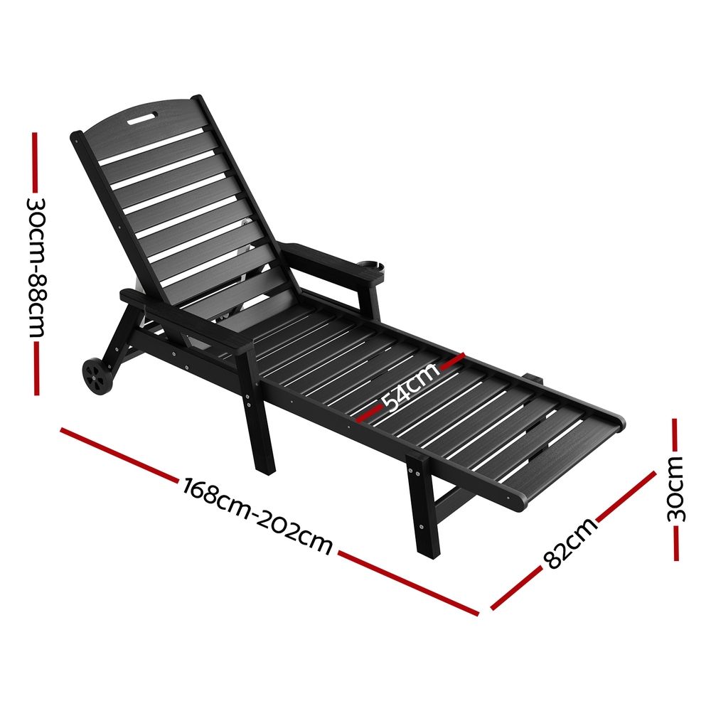 Gardeon Sun Lounge Lounger Beach Chair HDPE Patio Outdoor Furniture with Wheels Black