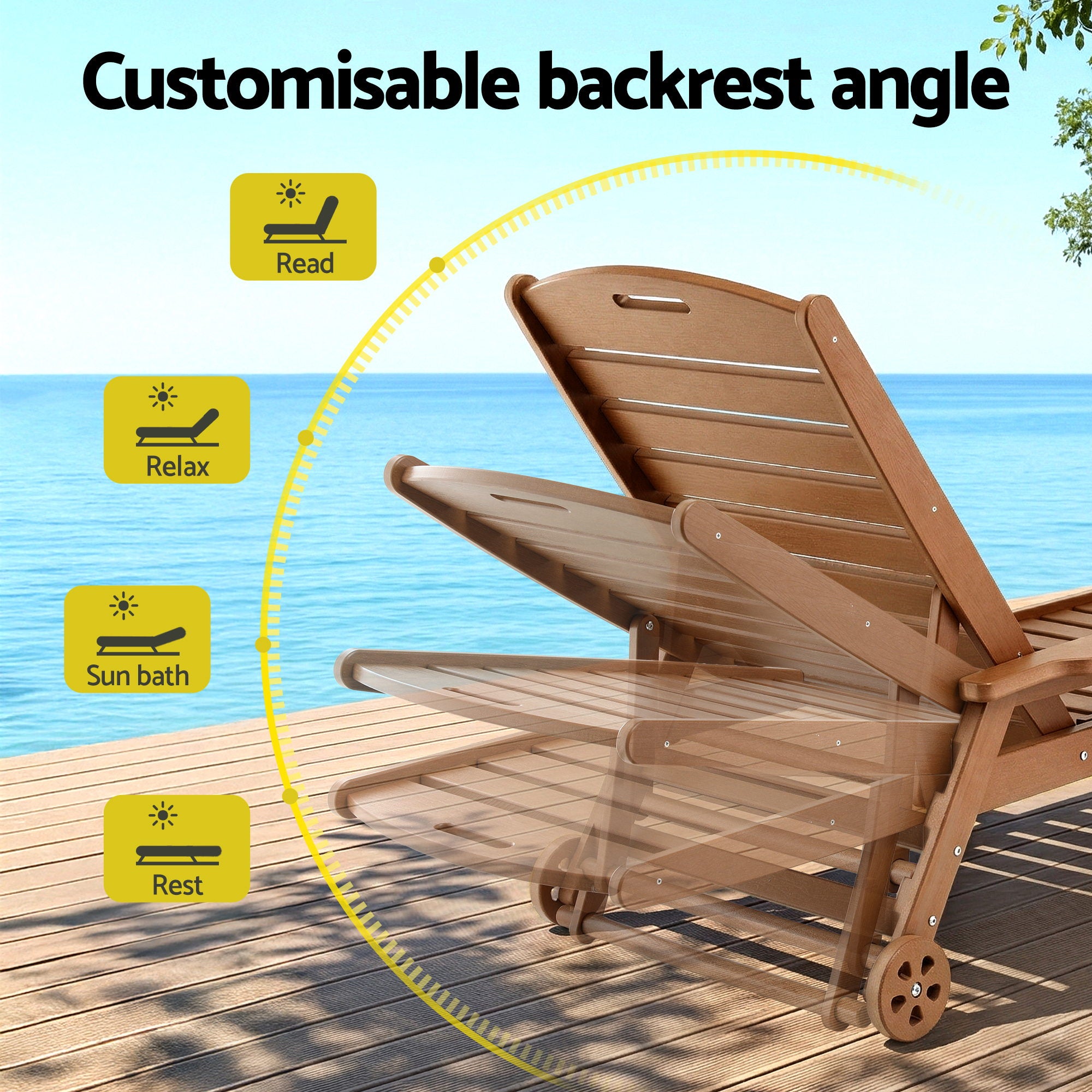 Gardeon Sun Lounge Lounger Beach Chair HDPE Patio Outdoor Furniture with Wheels Brown