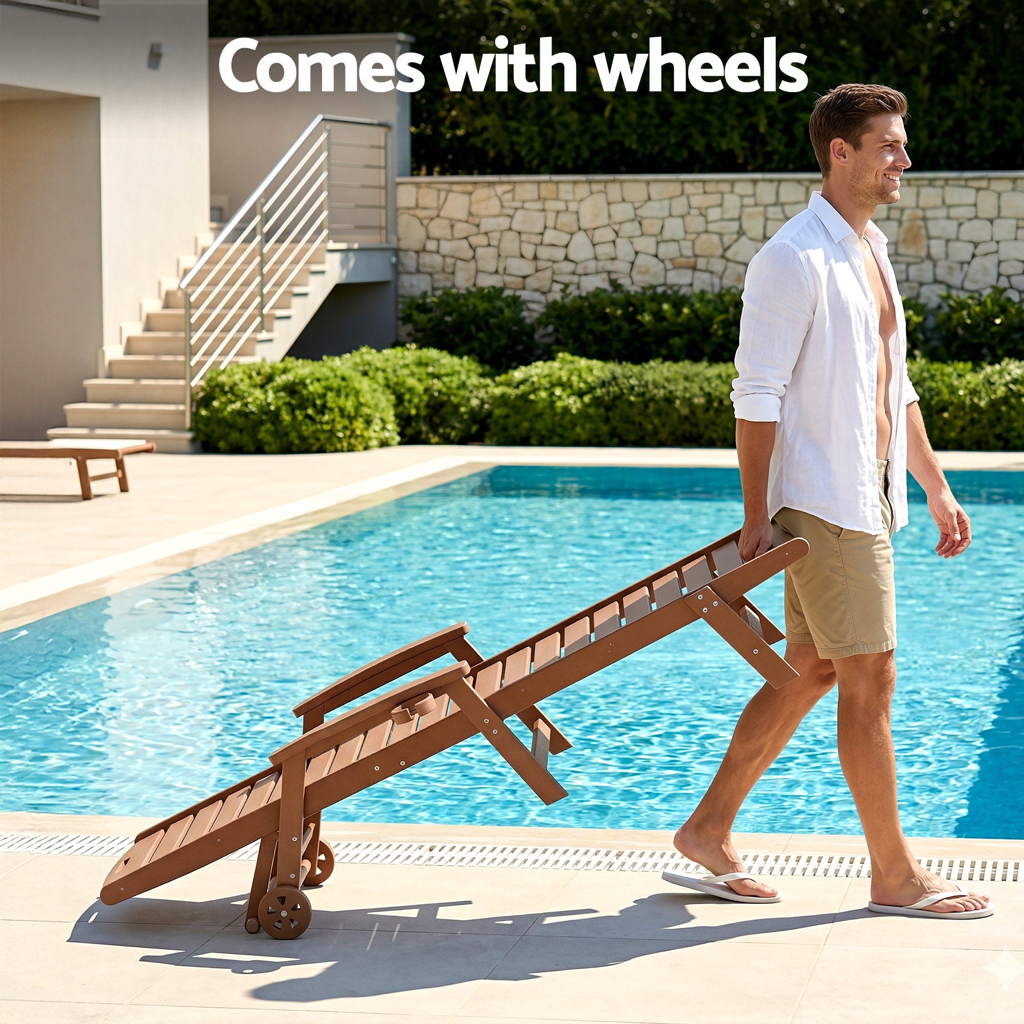 Gardeon Sun Lounge Lounger Beach Chair HDPE Patio Outdoor Furniture with Wheels Brown