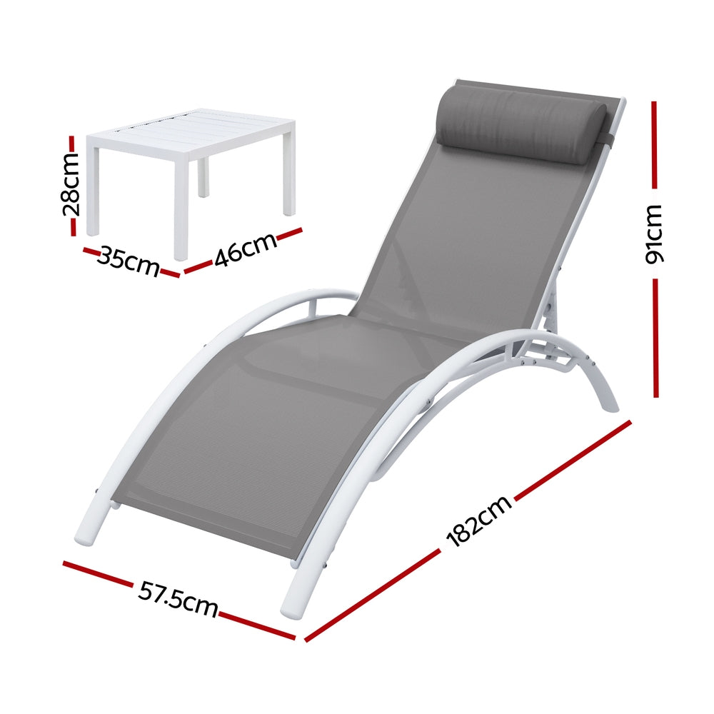 Gardeon 3PC Sun Lounge Outdoor Lounger Table Chairs Steel Patio Furniture Garden