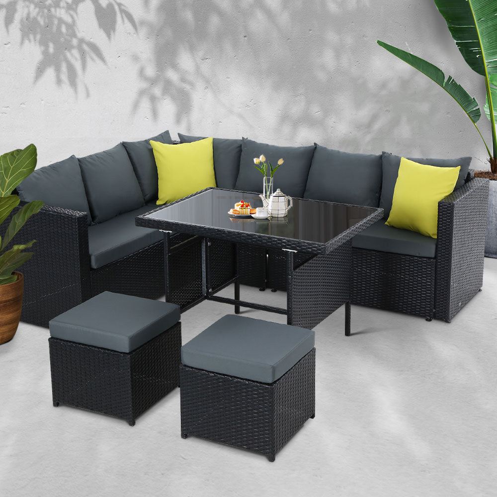 Gardeon Outdoor Dining Set Aluminum Table Chairs Wicker Setting Black