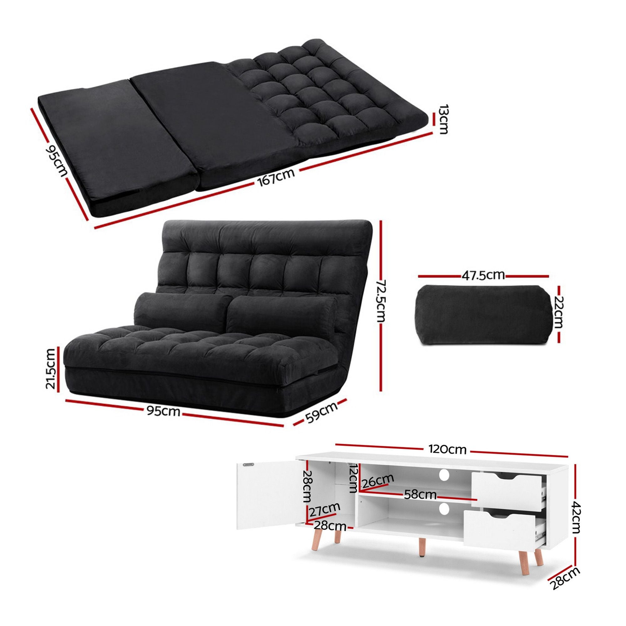 Artiss Sofa Bed Adjustable Floor Chair & TV Unit 120cm Entertainment Cabinet Set