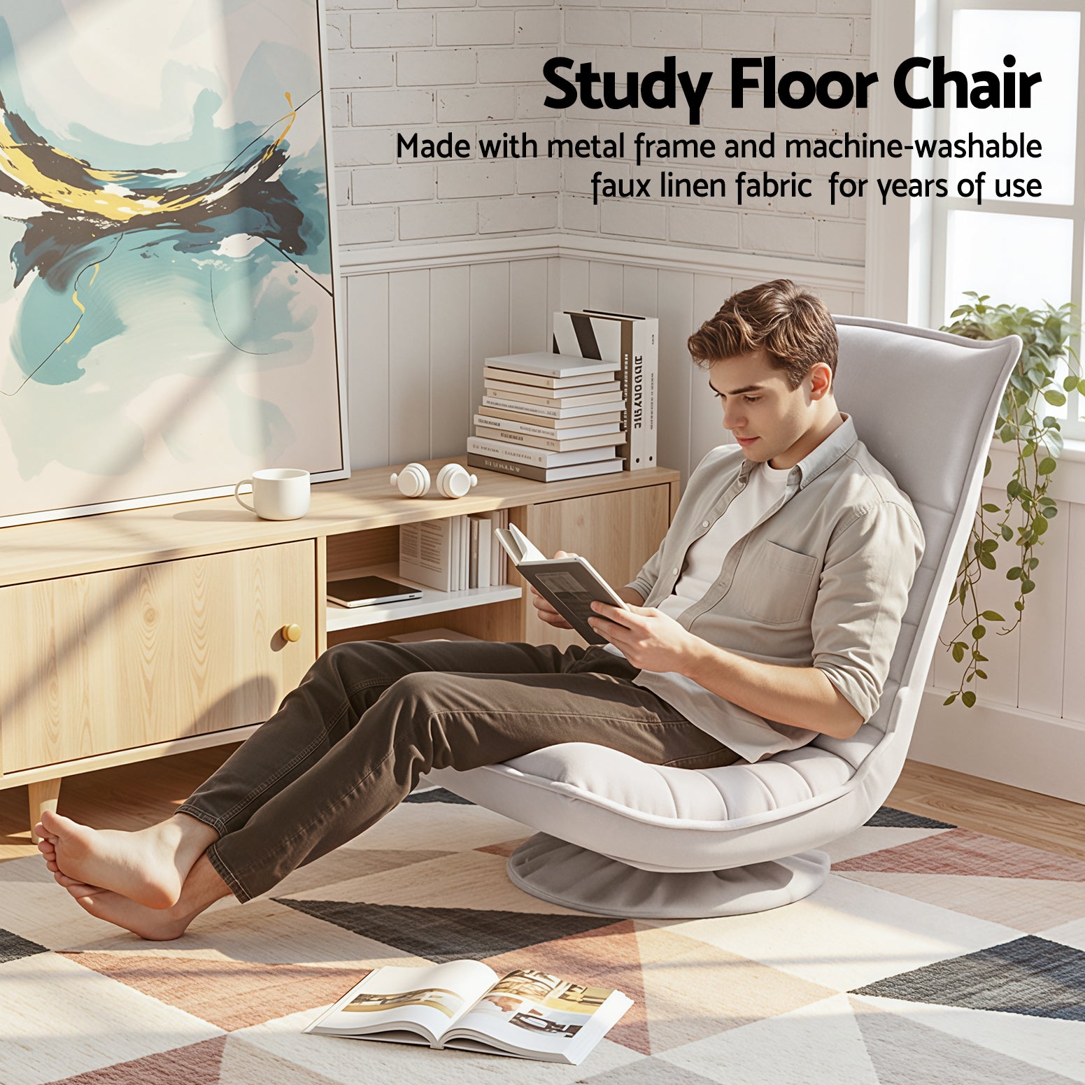 Artiss Swivel Floor Chair 5 Adjustable Foldable Lounge Seat Floor Sofa Chair Beige Grey