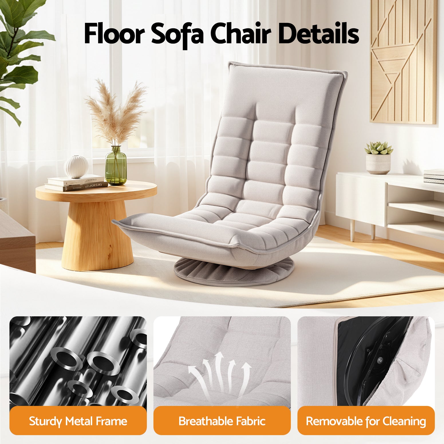 Artiss Swivel Floor Chair 5 Adjustable Foldable Lounge Seat Floor Sofa Chair Beige Grey