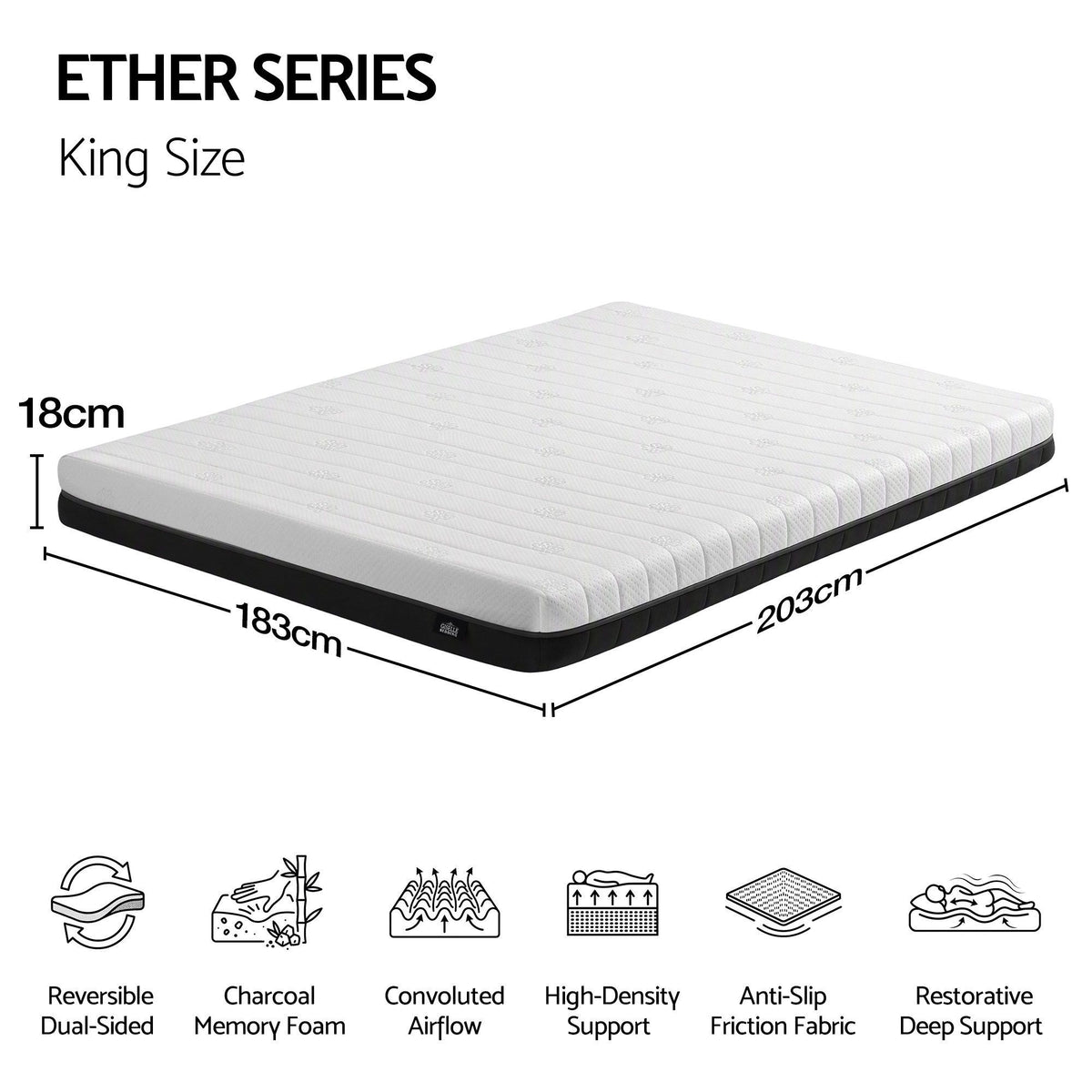 Giselle 18cm King Memory Foam Mattress Dual Feel Reversible Charcoal Foam