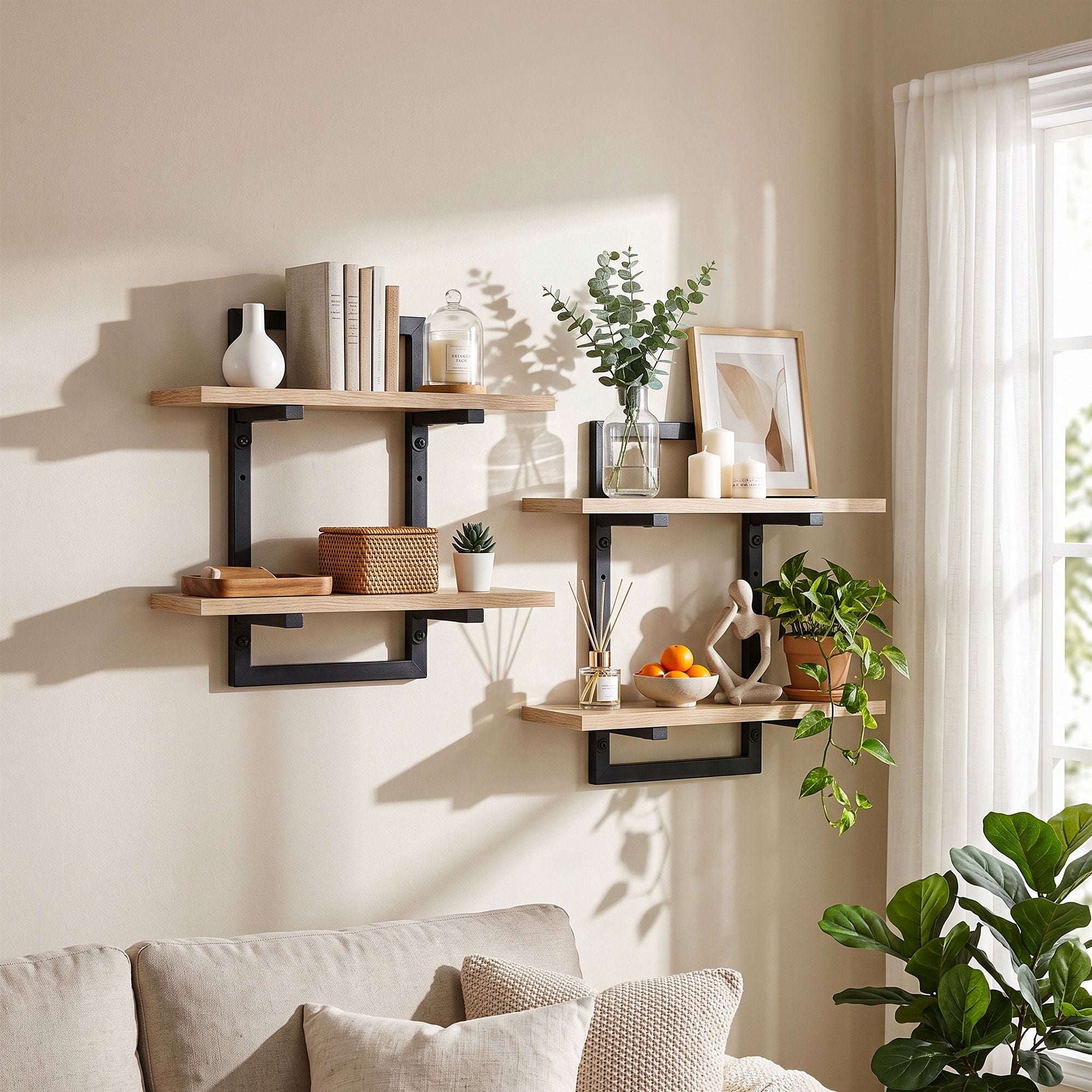 Artiss Set of 2 Floating Wall Shelf 2-Tier Wall-Mounted Display Ledge Wood & Metal